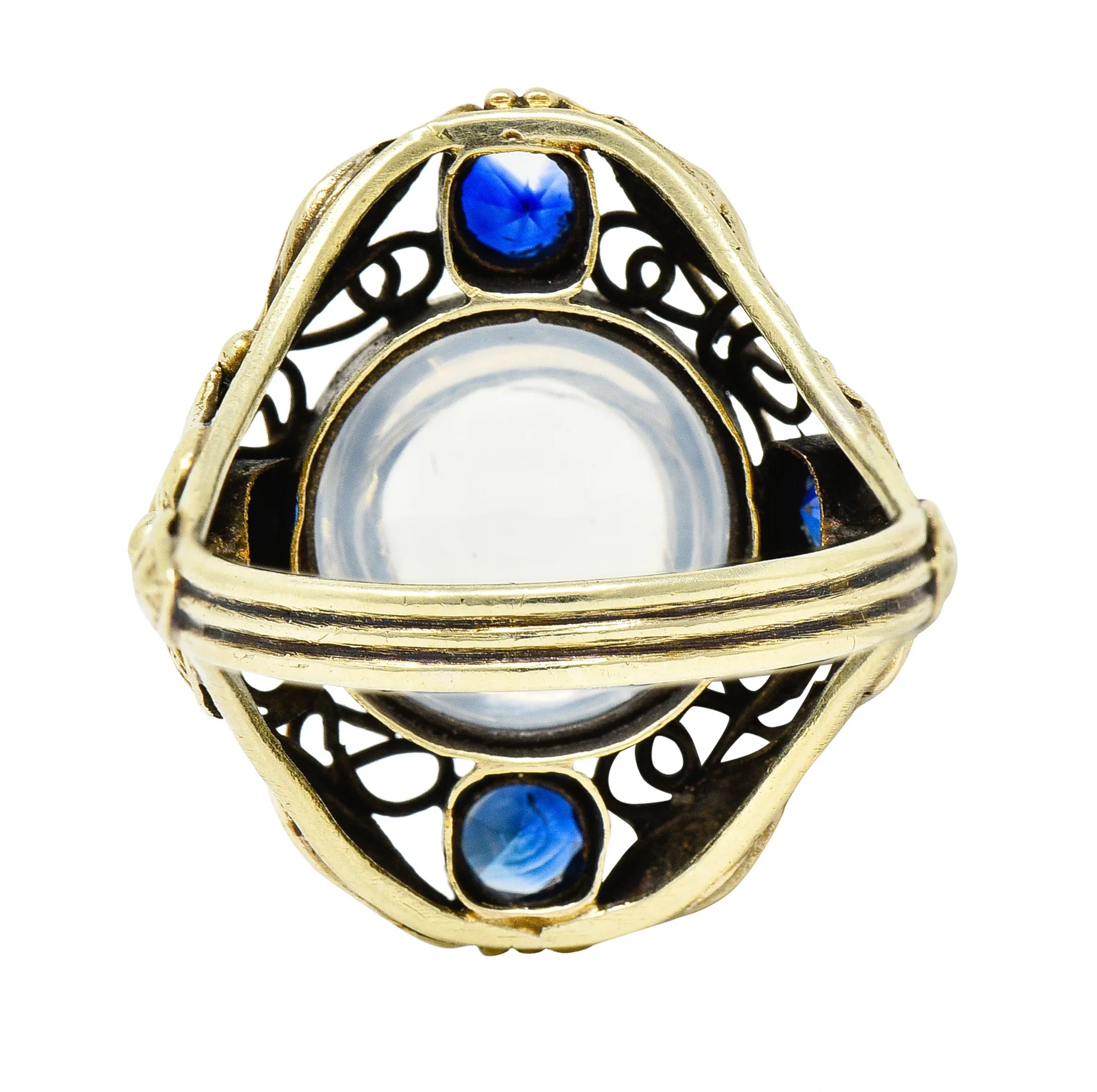 Arts & Crafts Moonstone 1.00 CTW Sapphire 14 Karat Green Gold Floral Ring - Image 4