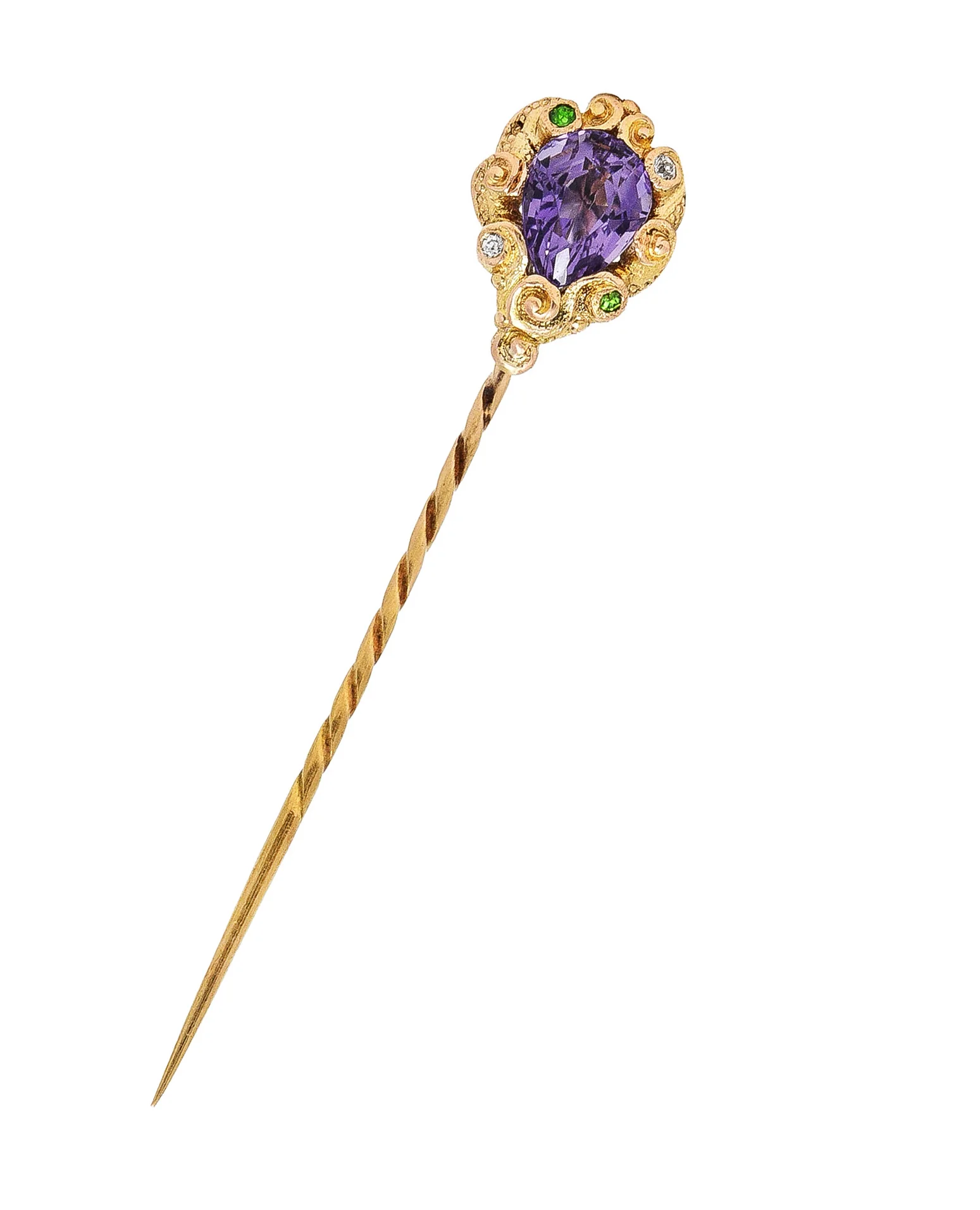 Arts & Crafts Pear Cut Amethyst Diamond Emerald Swirling Suffragette Antique Stickpin - Image 2