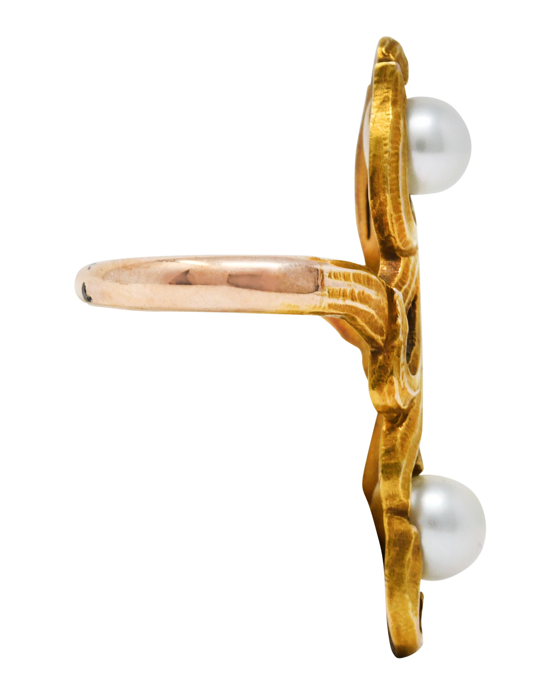 Arts & Crafts Pearl 14 Karat Gold Whiplash Foliate Ring - Image 3