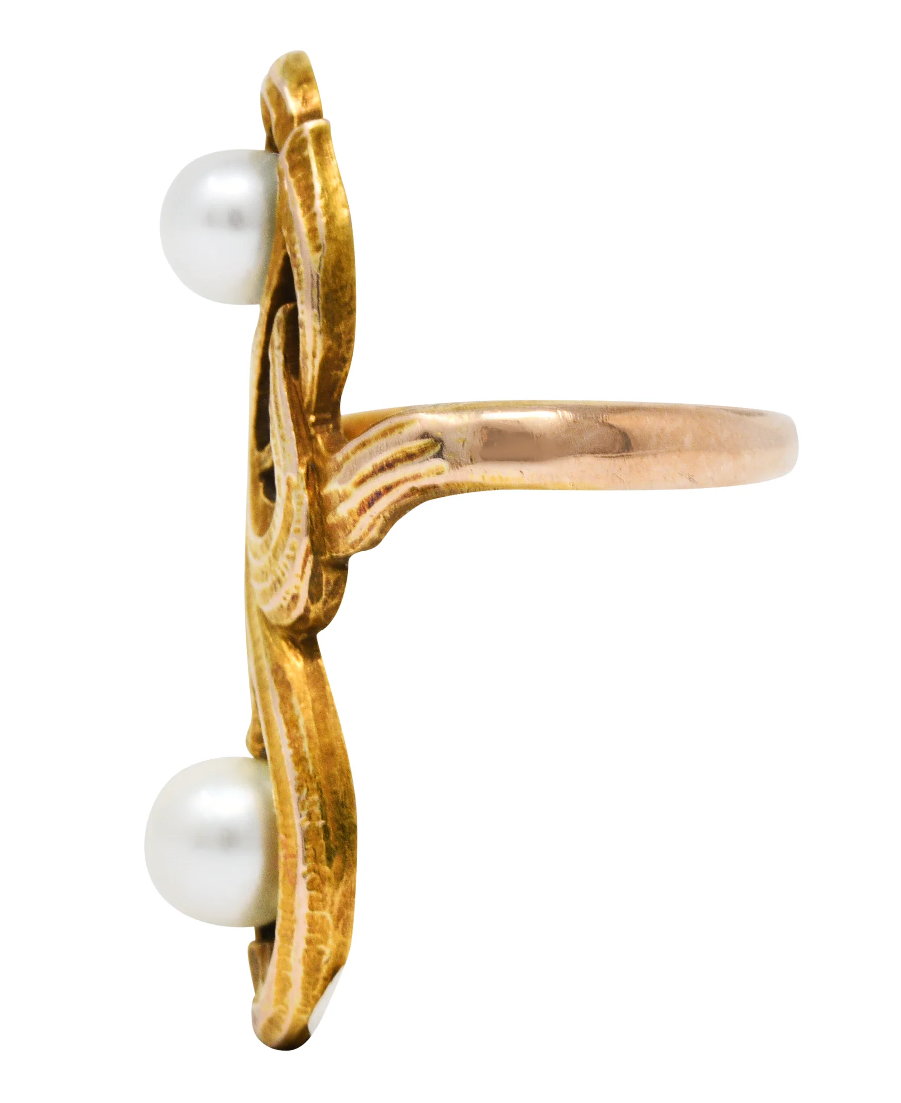 Arts & Crafts Pearl 14 Karat Gold Whiplash Foliate Ring - Image 4