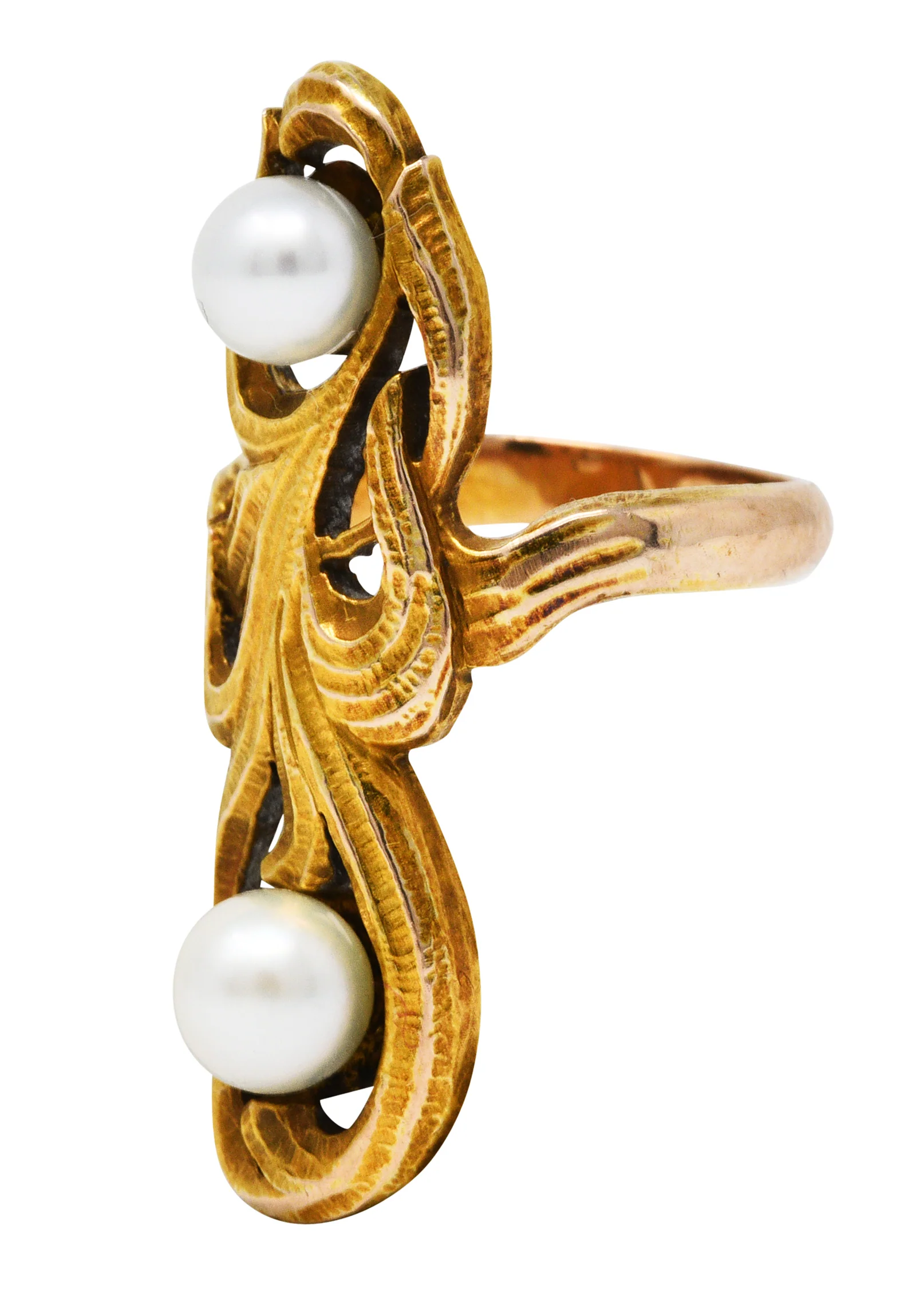 Arts & Crafts Pearl 14 Karat Gold Whiplash Foliate Ring - Image 5