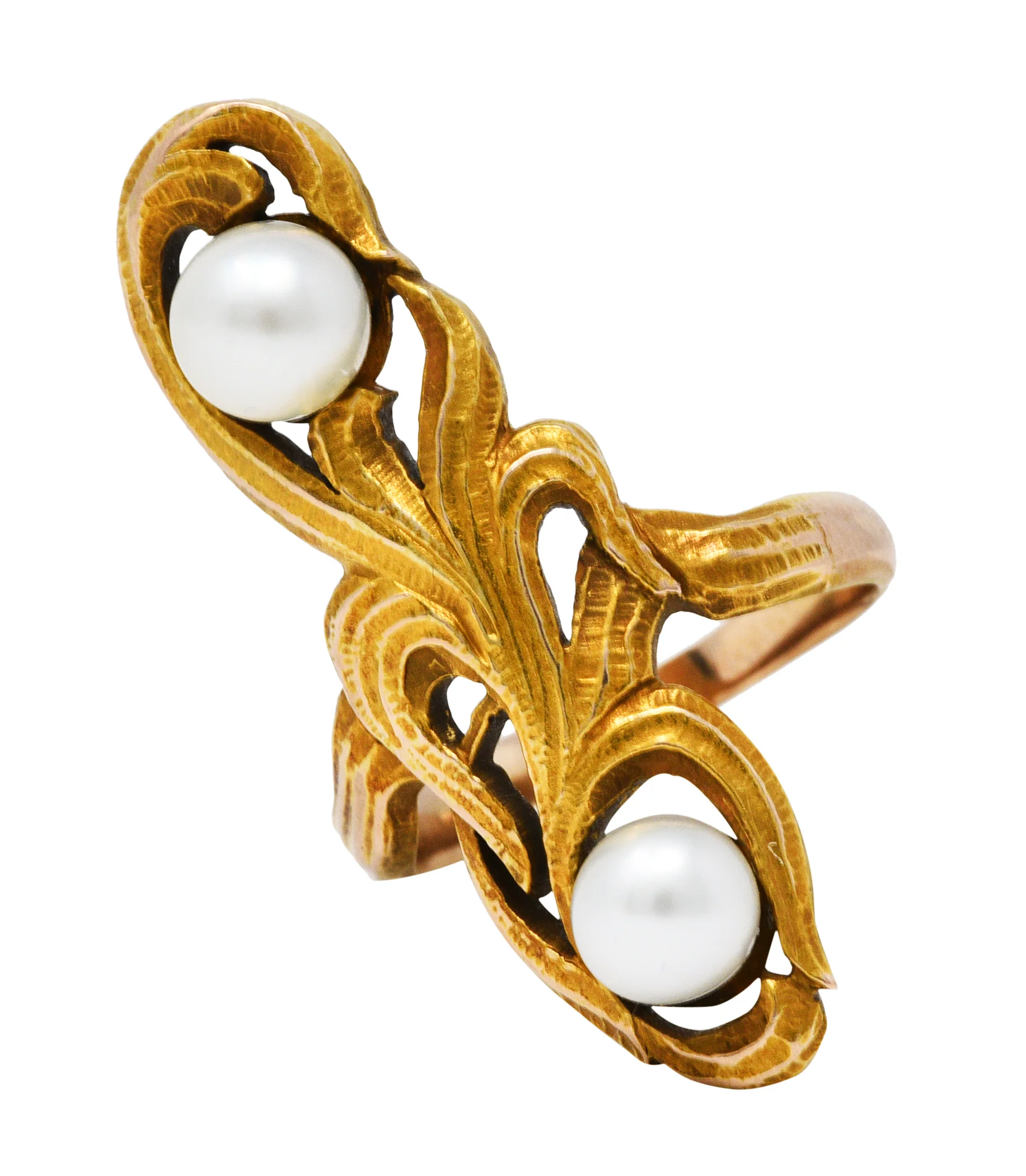 Arts & Crafts Pearl 14 Karat Gold Whiplash Foliate Ring - Image 7