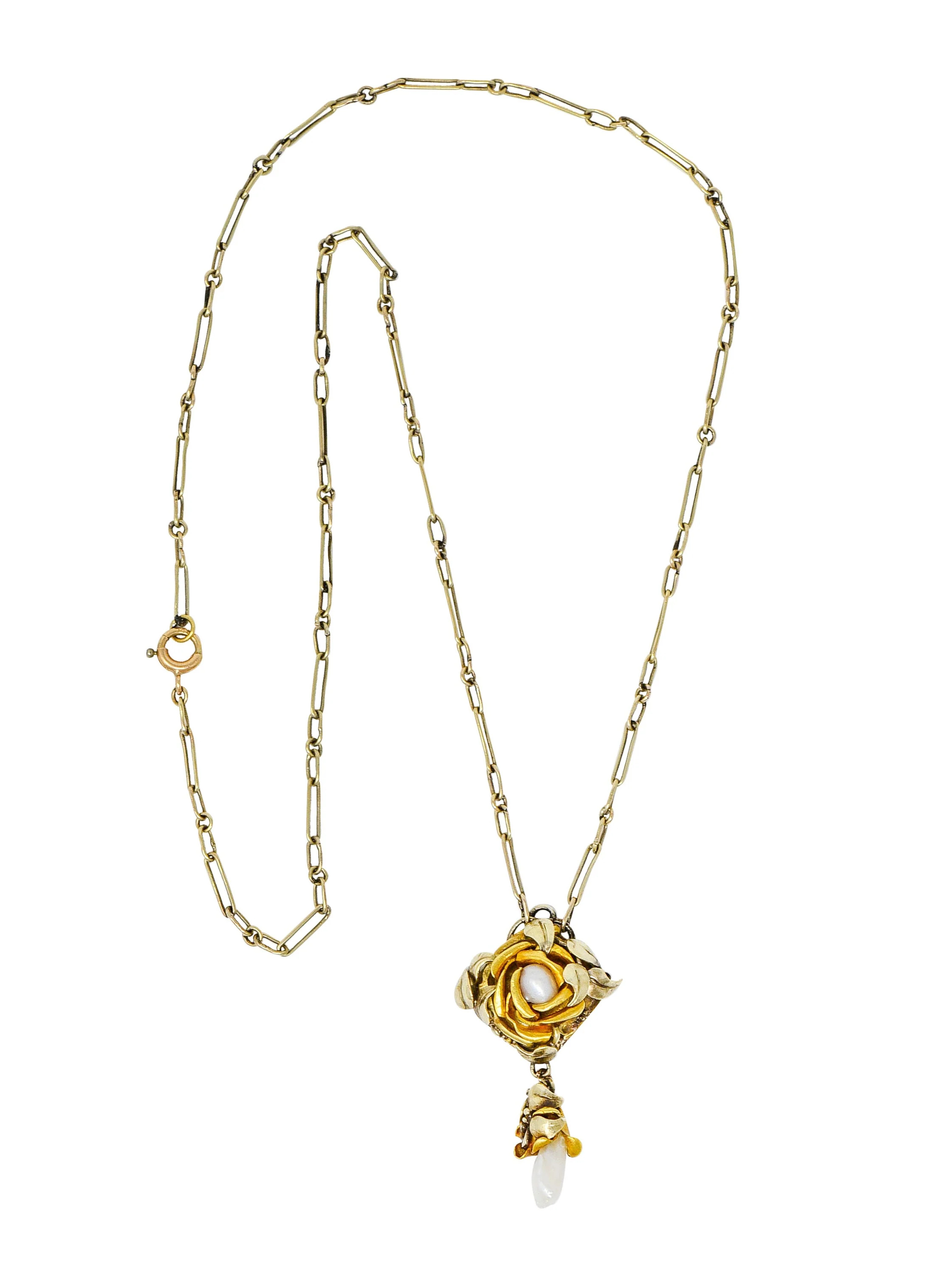 Arts & Crafts Pearl 14 Karat Two-Tone Gold Rose Drop Necklace - Image 2