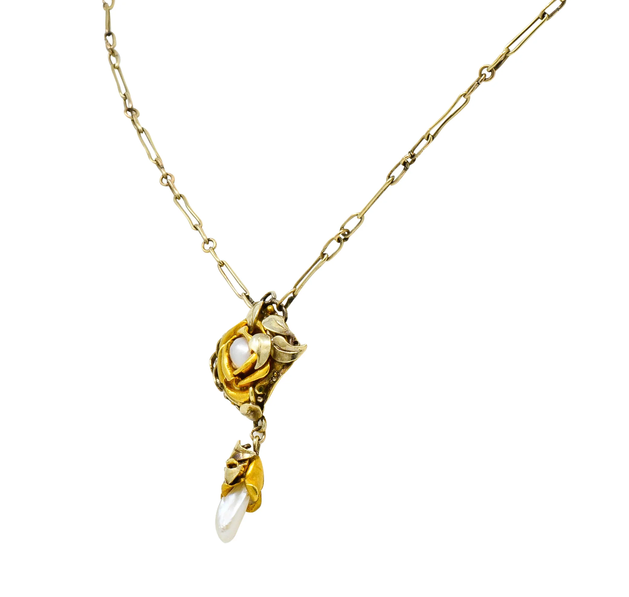 Arts & Crafts Pearl 14 Karat Two-Tone Gold Rose Drop Necklace - Image 3