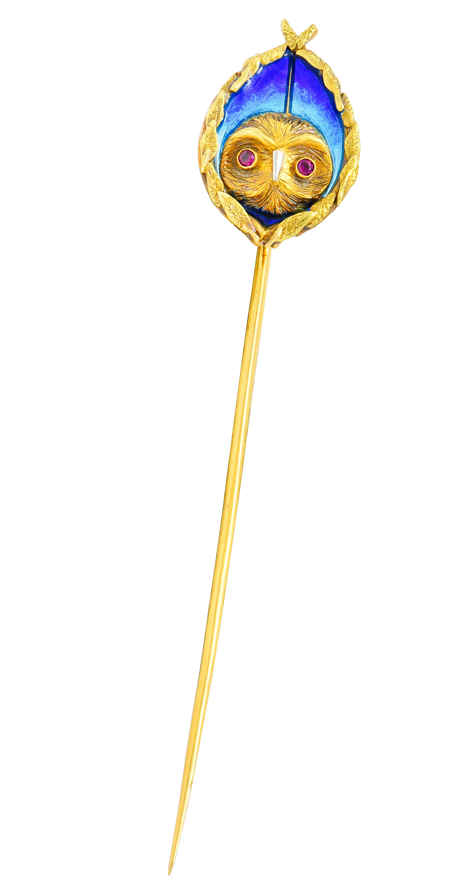 Arts & Crafts Plique-à-Jour Enamel Ruby 18 Karat Gold Foliate Owl Stickpin - Image 2