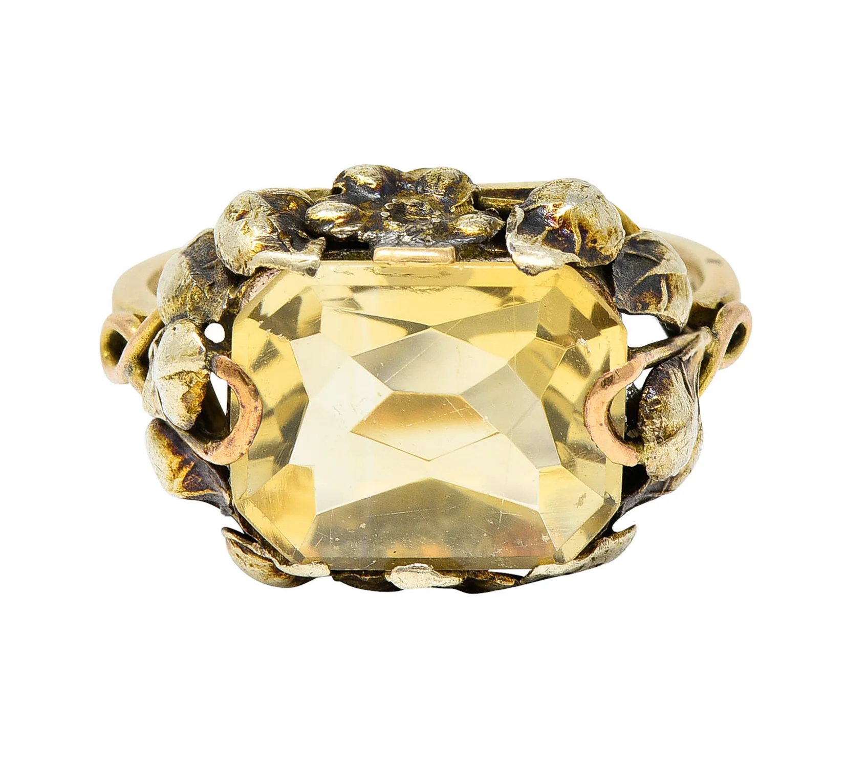 Arts & Crafts Vintage 14 Karat Two-Tone Gold Citrine Floral Ring - Image 2