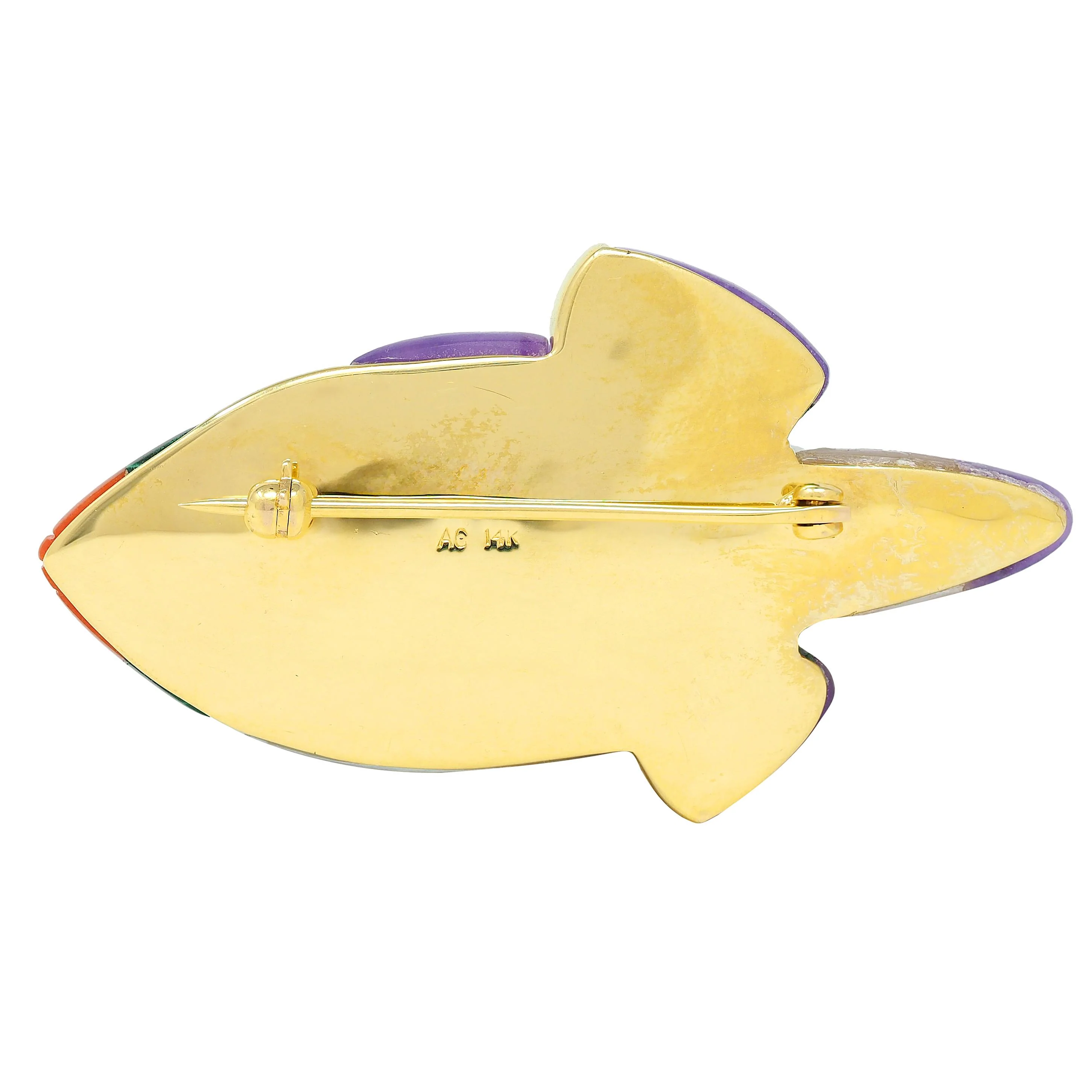 Asch Grossbardt 1980's Diamond Multi-Gem 14 Karat Yellow Gold Vintage Inlay Fish Brooch - Image 4