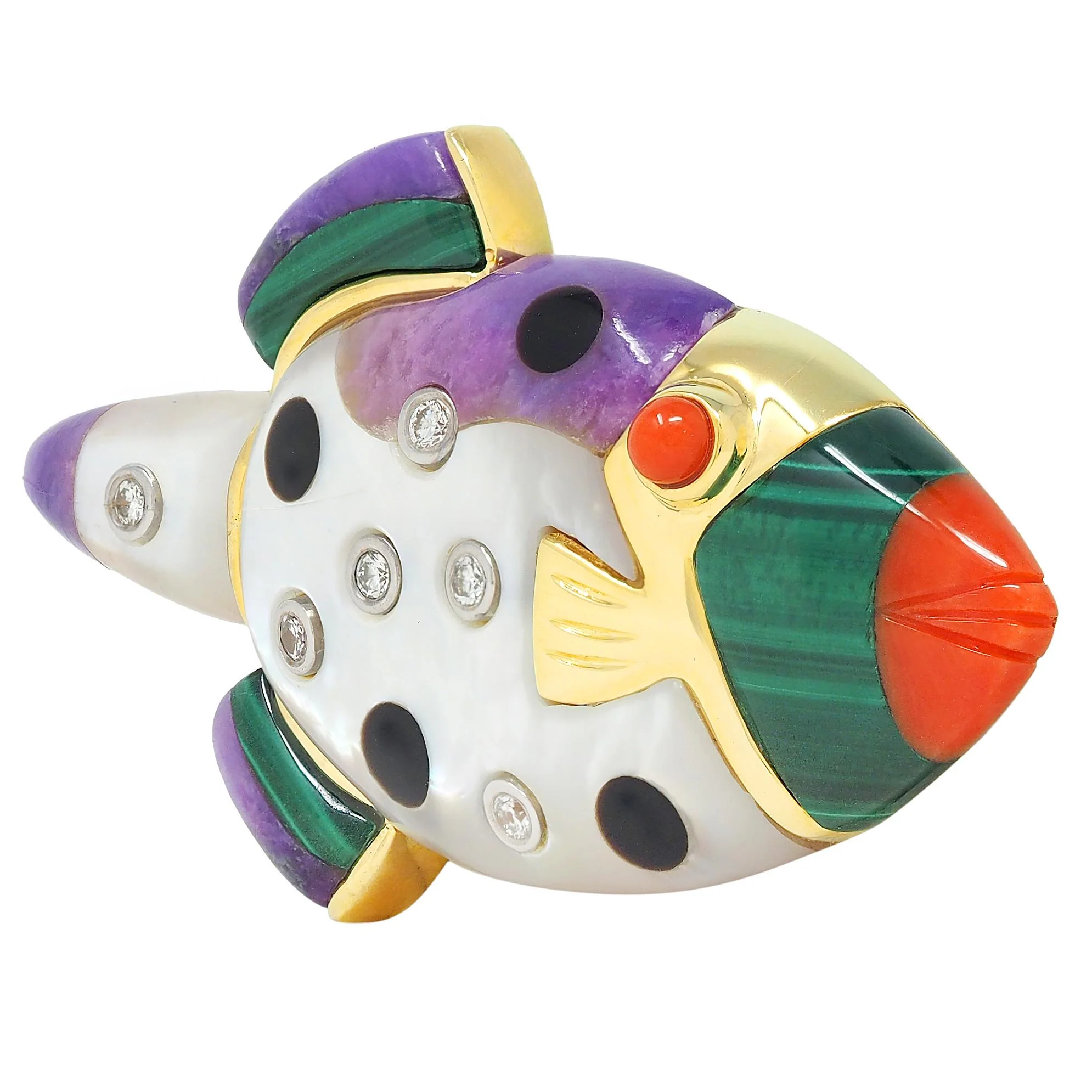 Asch Grossbardt 1980's Diamond Multi-Gem 14 Karat Yellow Gold Vintage Inlay Fish Brooch - Image 5