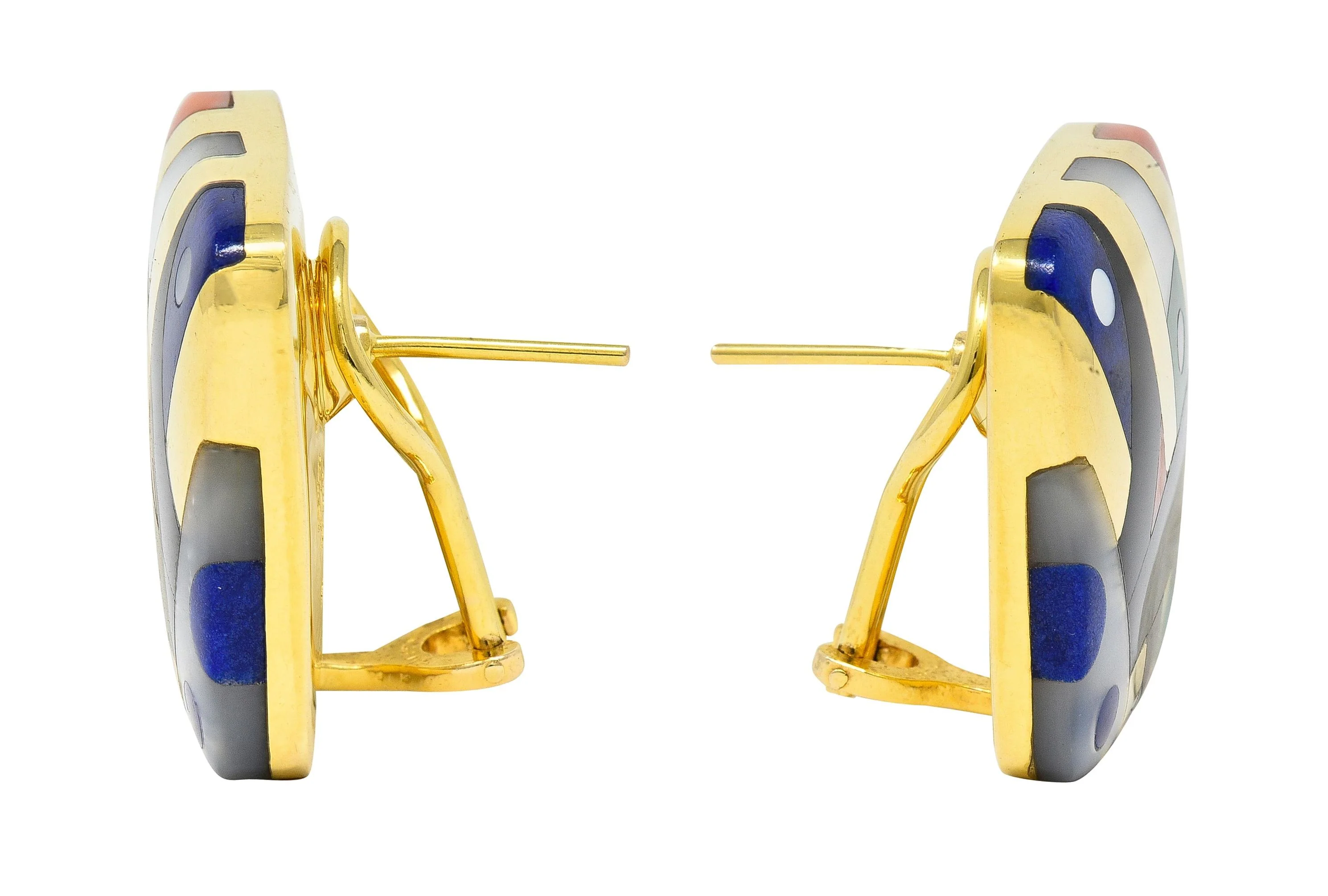 Asch Grossbardt 1980s Multi-Gem 14 Karat Yellow Gold Cushion Inlay Earrings - Image 3