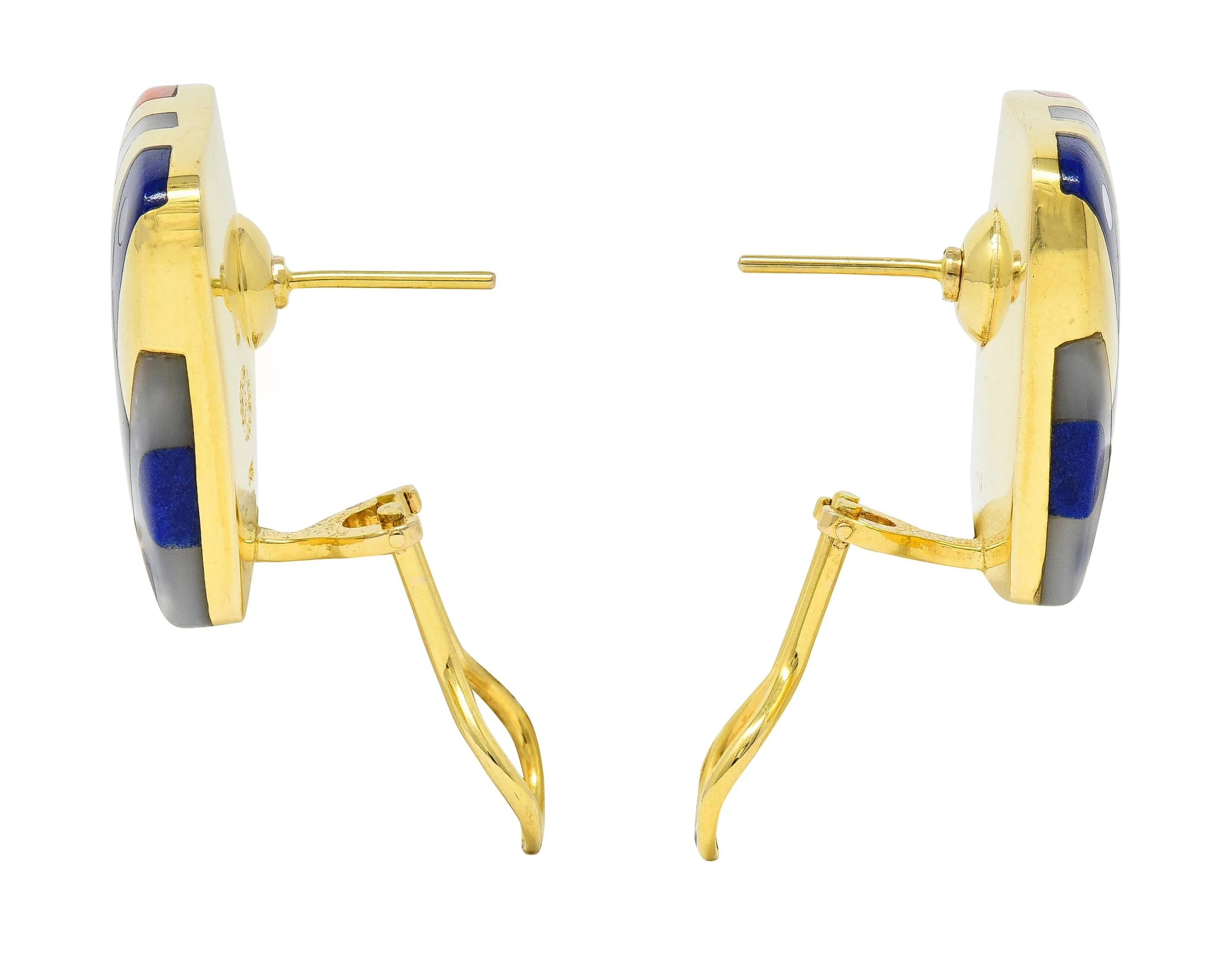 Asch Grossbardt 1980s Multi-Gem 14 Karat Yellow Gold Cushion Inlay Earrings - Image 5