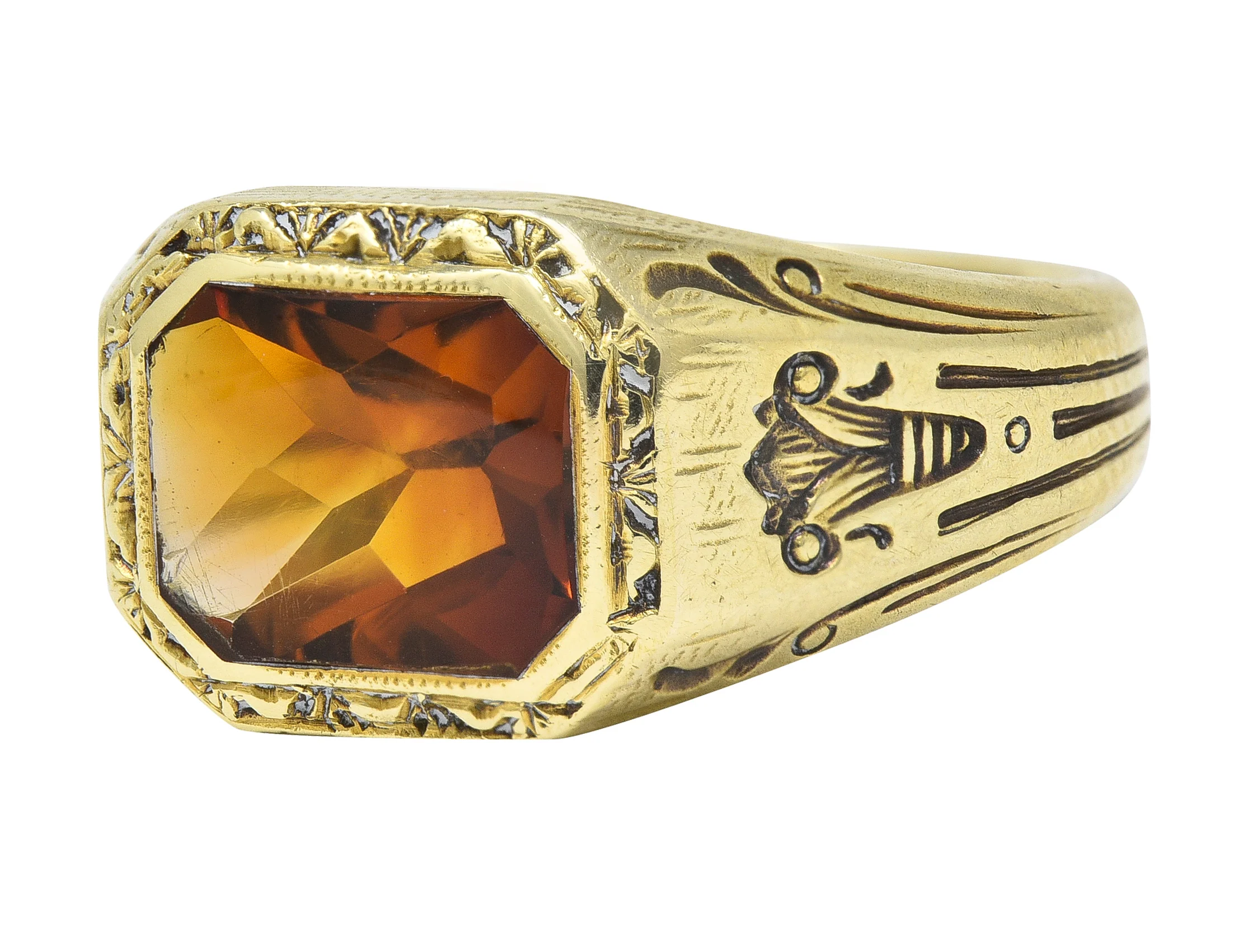 Axel Bros Art Deco Citrine 14 Karat Yellow Gold Lotus Antique Unisex Signet Ring - Image 7