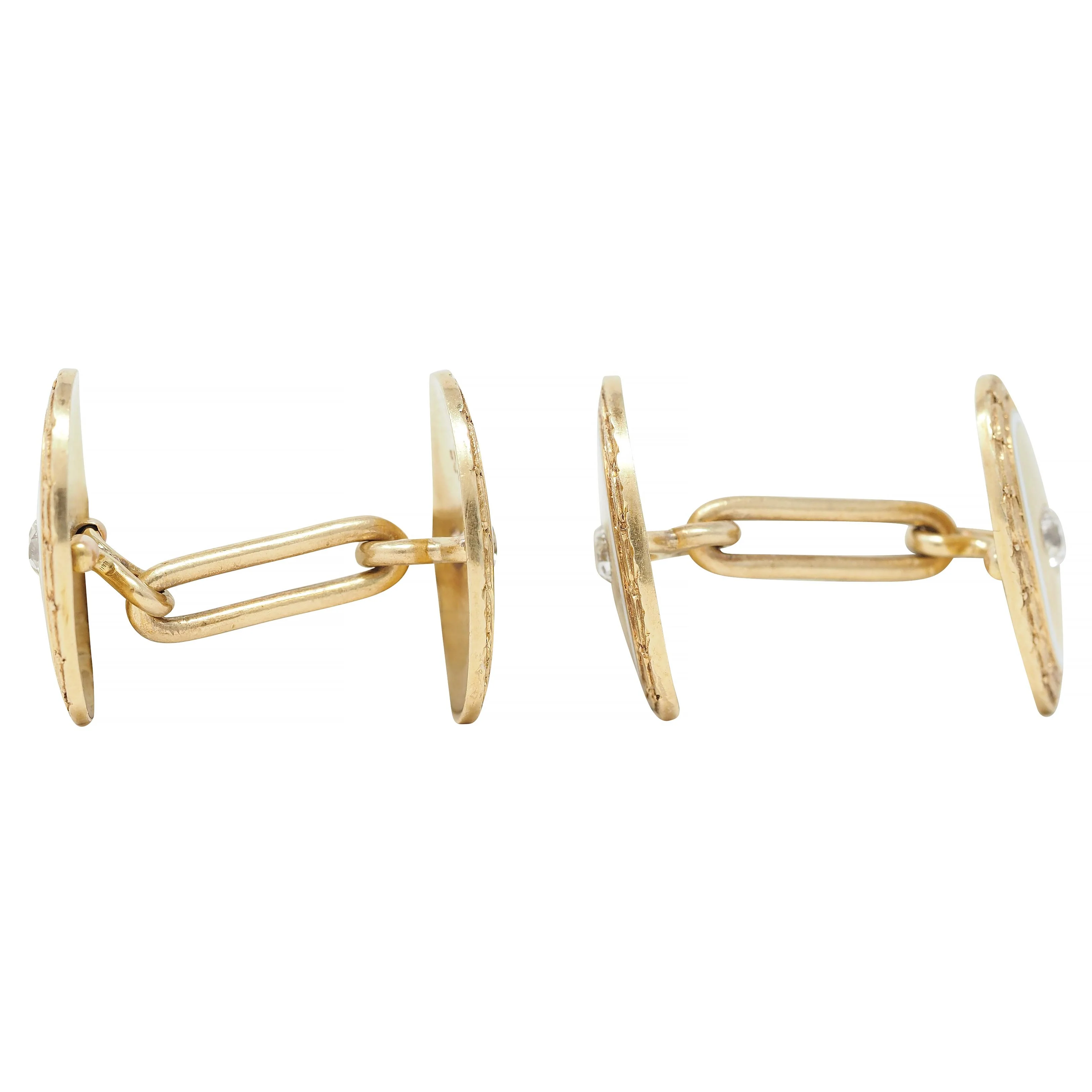 Bailey Banks & Biddle Victorian Diamond Enamel 14 Karat Yellow Gold Antique Wheat Cufflinks - Image 2