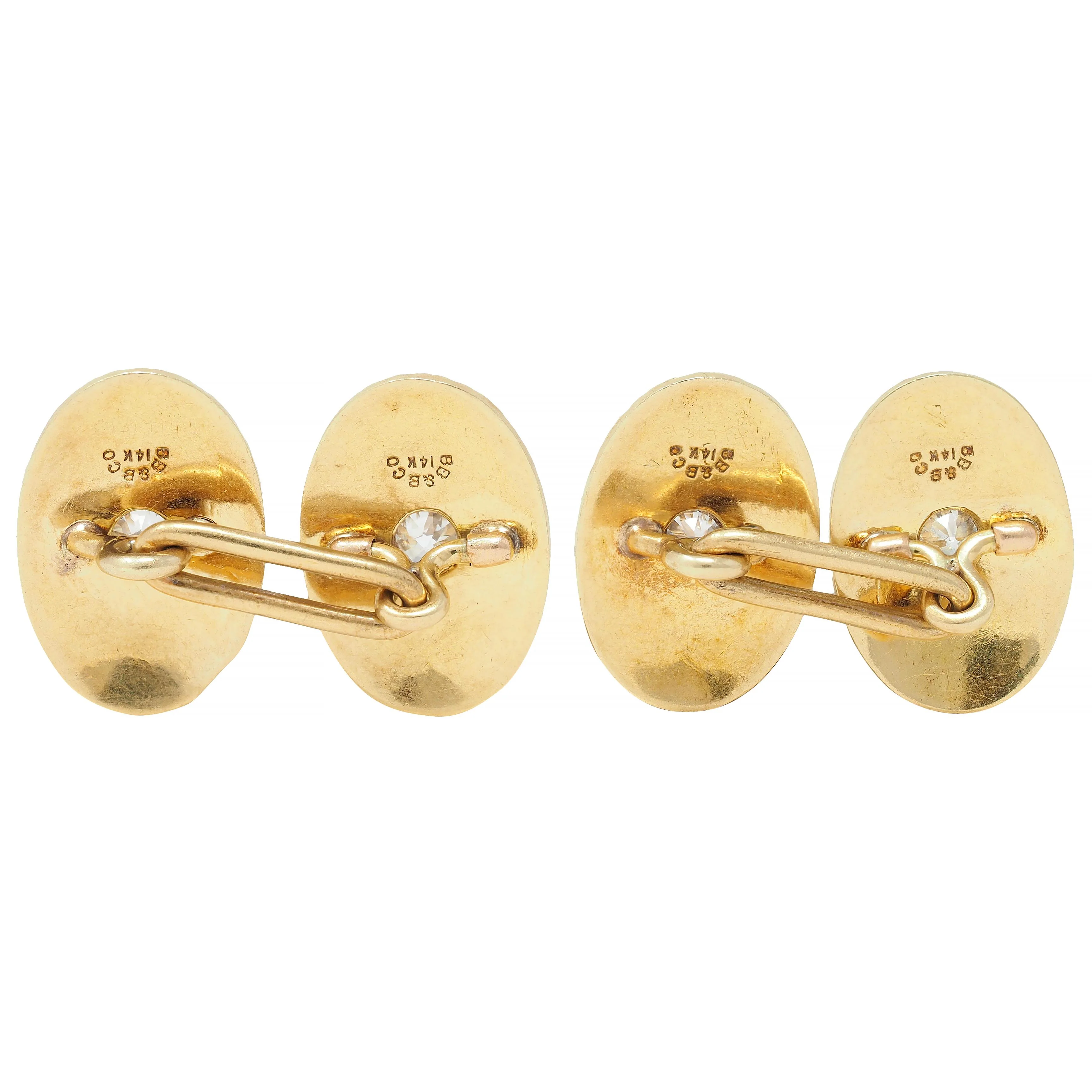 Bailey Banks & Biddle Victorian Diamond Enamel 14 Karat Yellow Gold Antique Wheat Cufflinks - Image 3