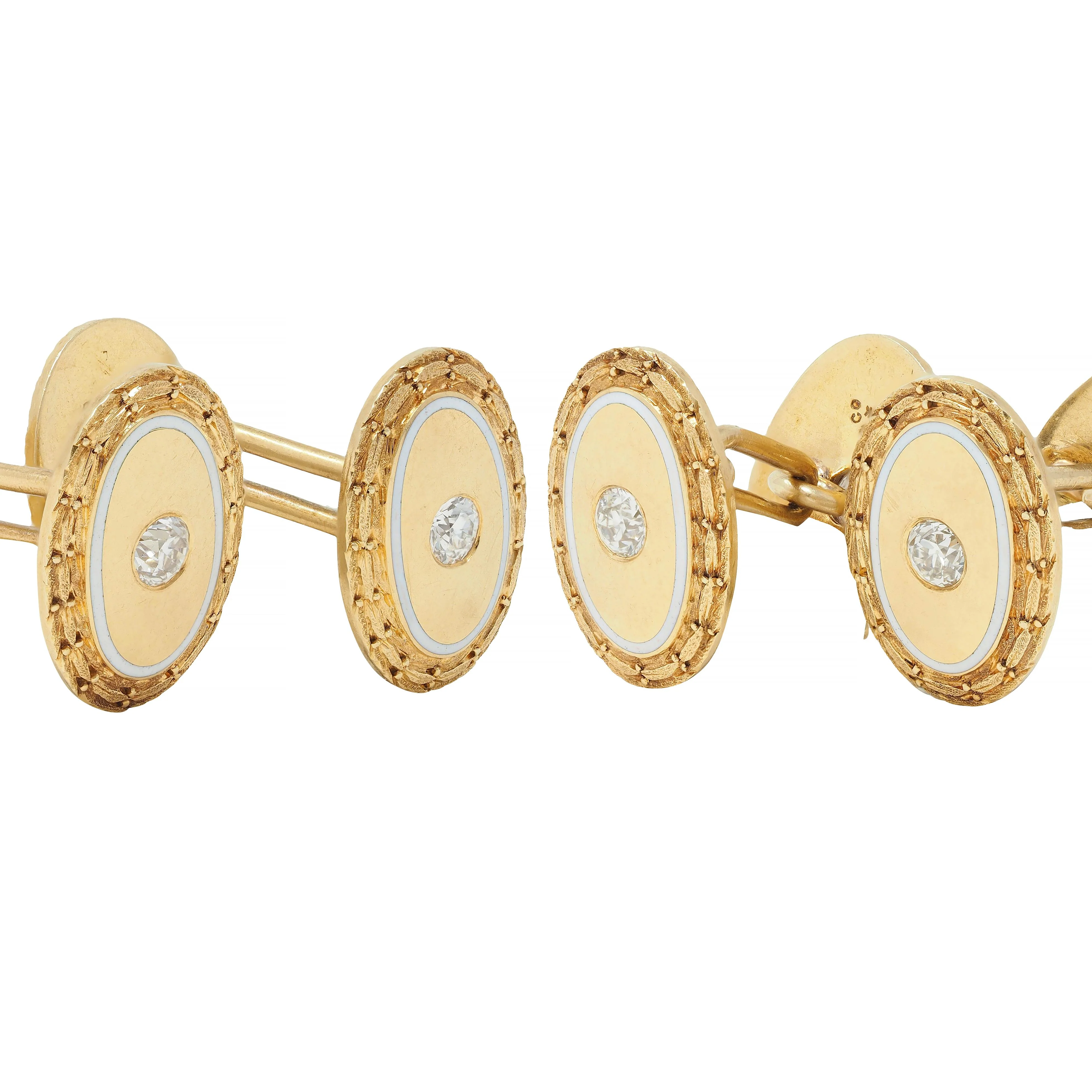 Bailey Banks & Biddle Victorian Diamond Enamel 14 Karat Yellow Gold Antique Wheat Cufflinks - Image 4