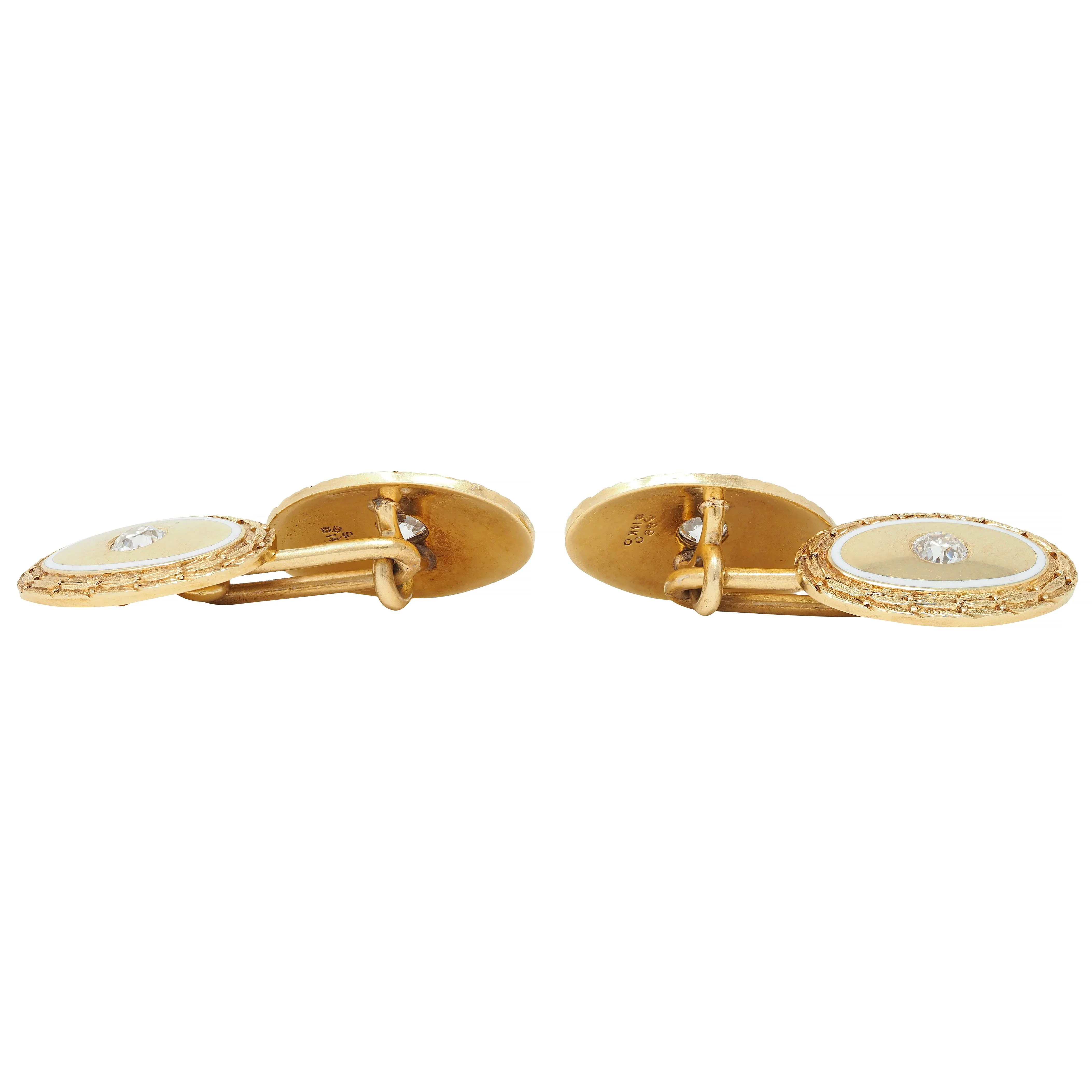 Bailey Banks & Biddle Victorian Diamond Enamel 14 Karat Yellow Gold Antique Wheat Cufflinks - Image 6