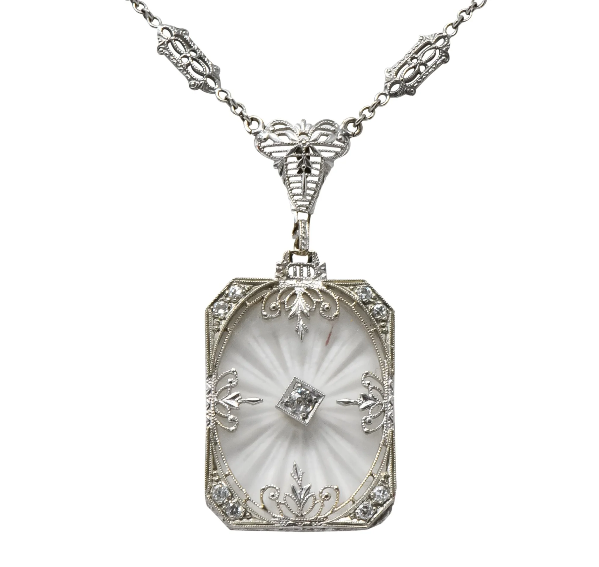 Balogh Art Deco Camphor Glass Diamond 14 Karat White Gold Necklace - Image 2