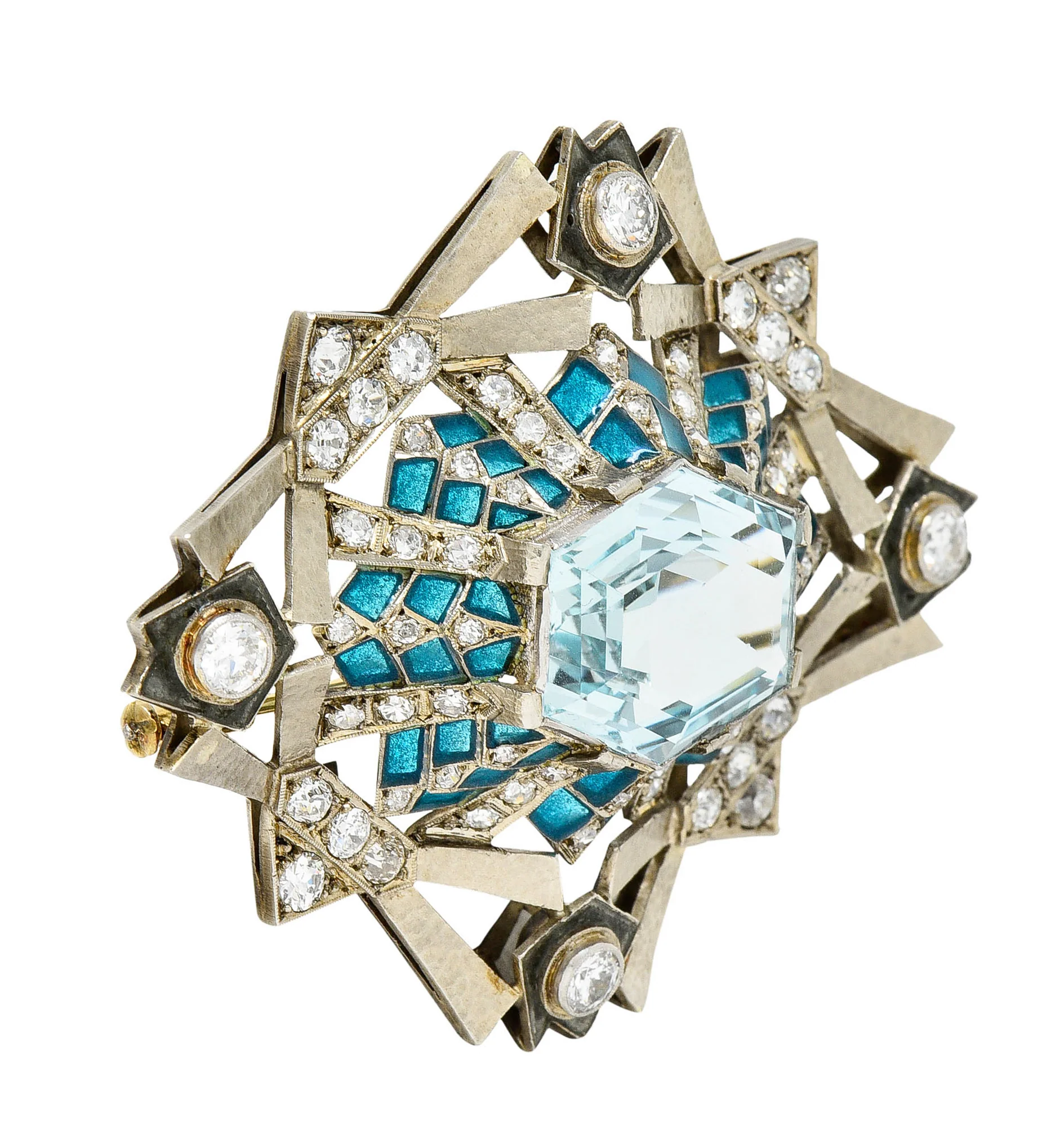 Barcelona 16.90 CTW Aquamarine Diamond Plique-A-Jour Enamel 14 Karat White Gold Brooch - Image 2