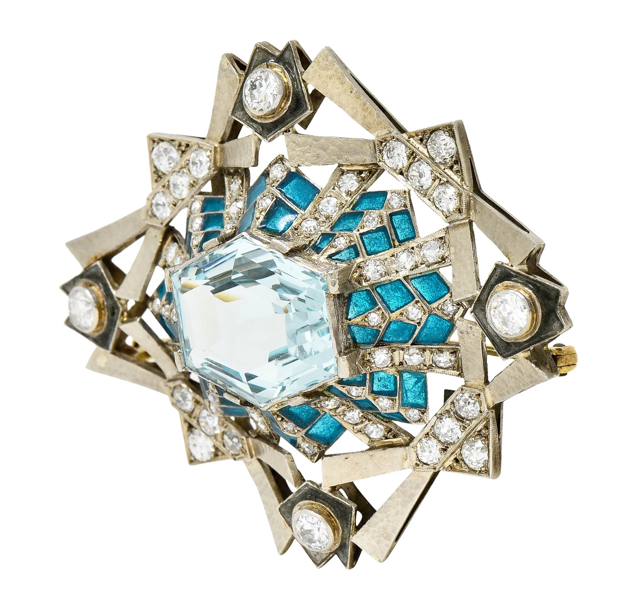 Barcelona 16.90 CTW Aquamarine Diamond Plique-A-Jour Enamel 14 Karat White Gold Brooch - Image 4