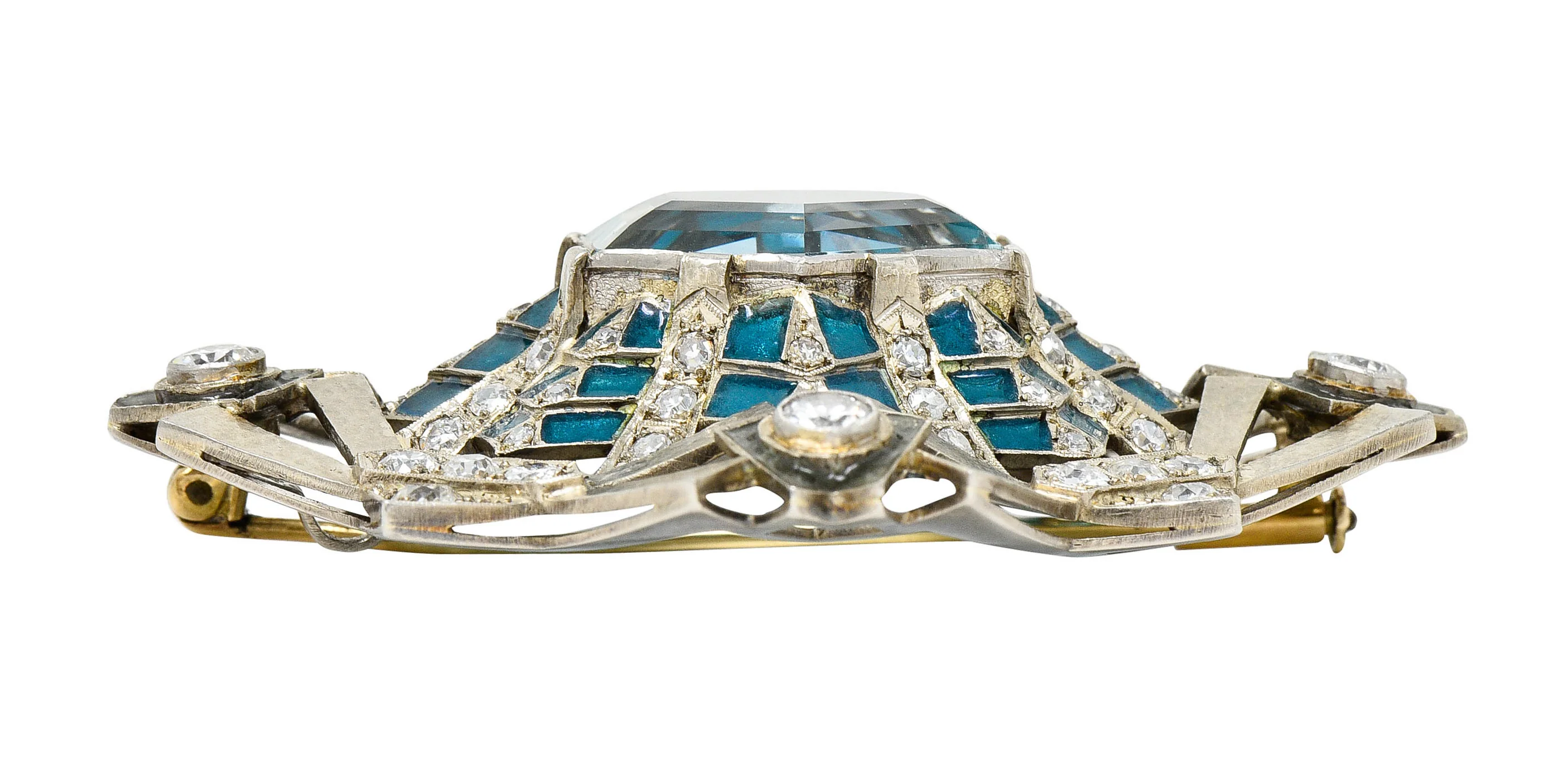 Barcelona 16.90 CTW Aquamarine Diamond Plique-A-Jour Enamel 14 Karat White Gold Brooch - Image 7