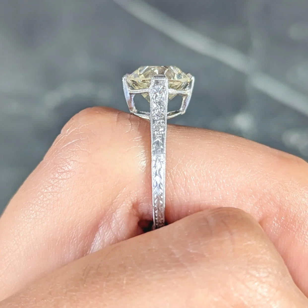 Baskin Bros. Art Deco 3.82 CTW Old European Cut Diamond Platinum Wheat Engagement Ring GIA - Image 13