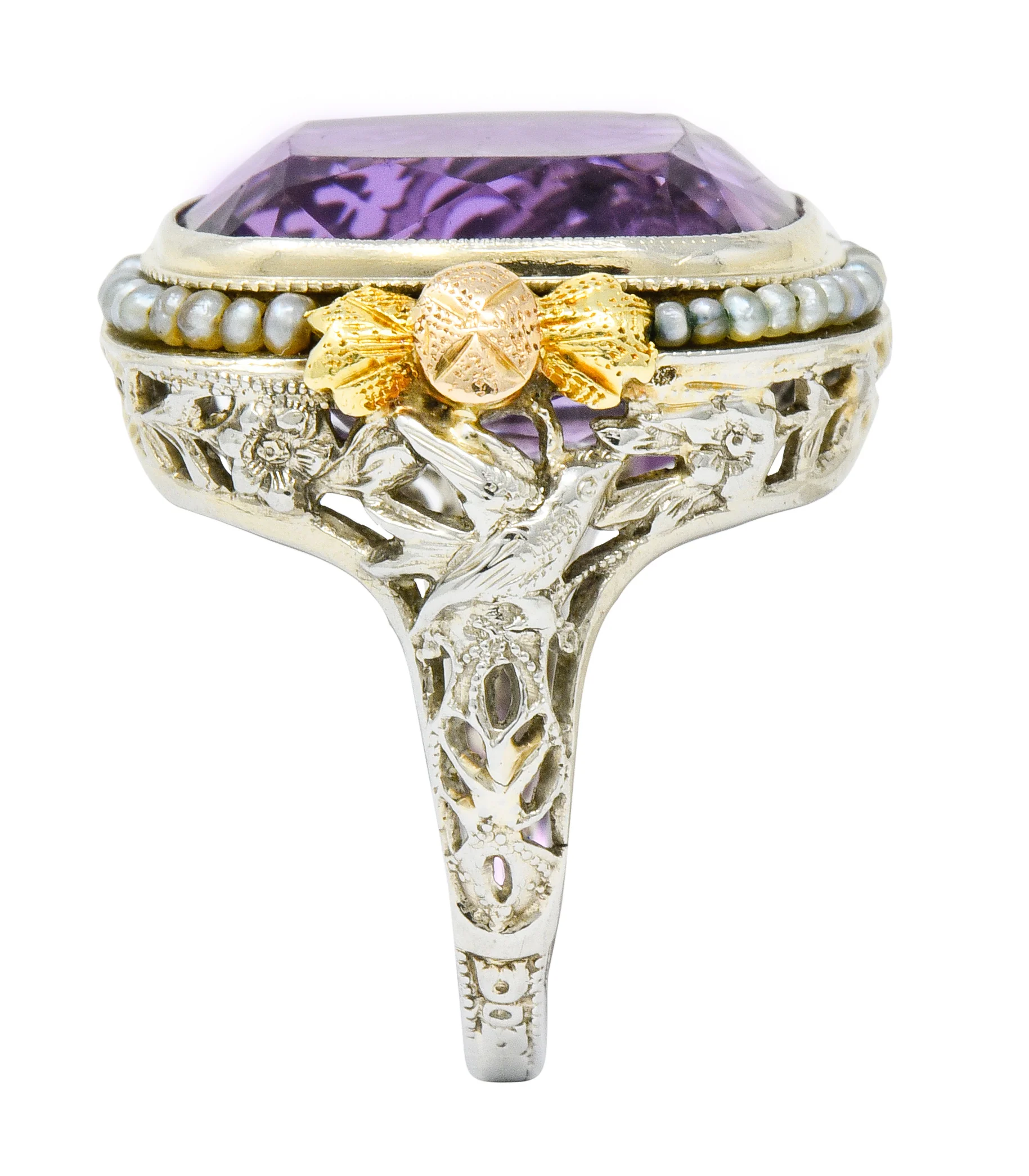 Bassett Jewelry Co. Art Deco 13.34 CTW Amethyst Pearl 18 Karat Tri-Colored Gold Cocktail Ring - Image 8