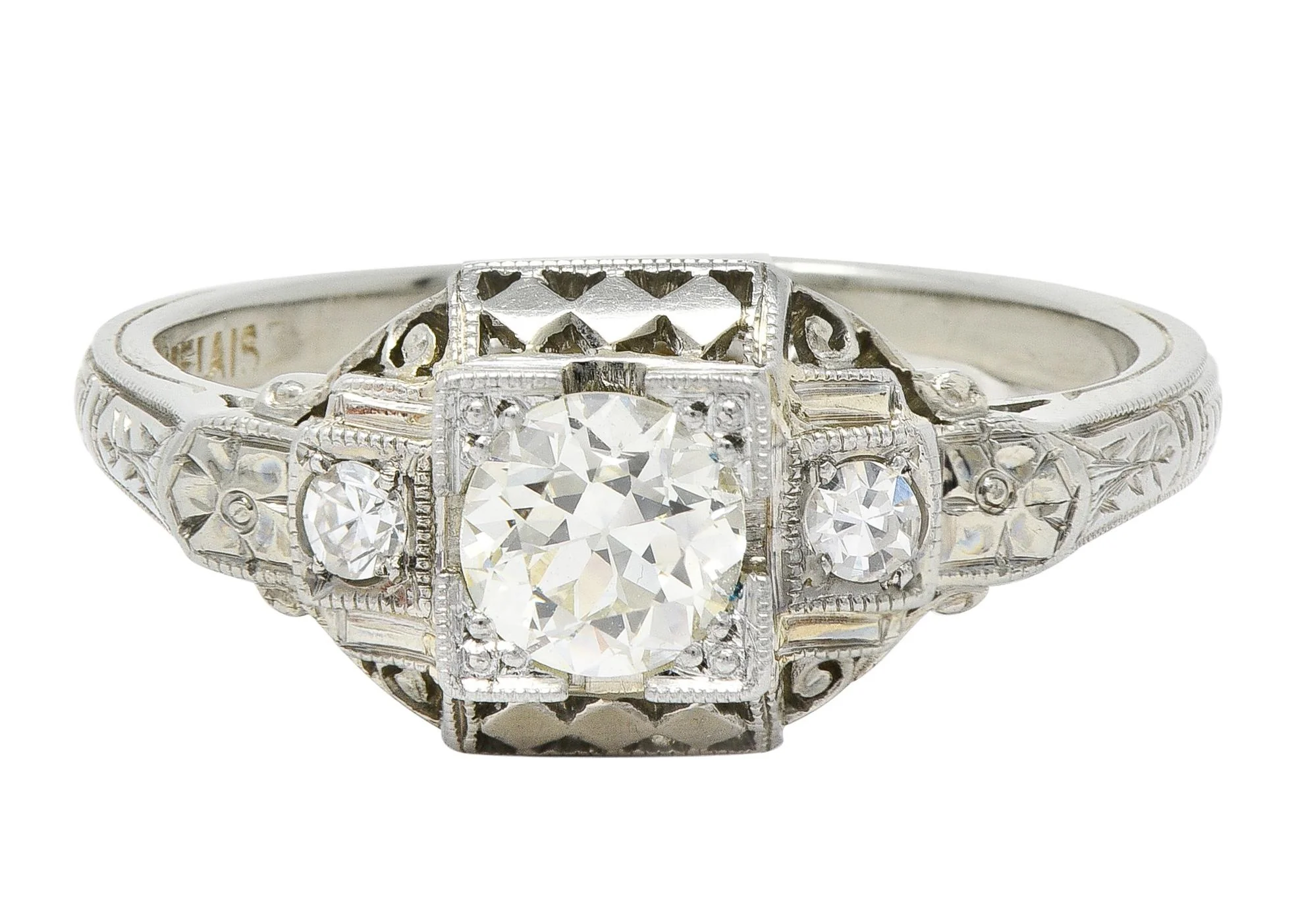 Belais Art Deco 0.45 CTW Old Mine Diamond 18 Karat Gold Checkerboard Vintage Ring