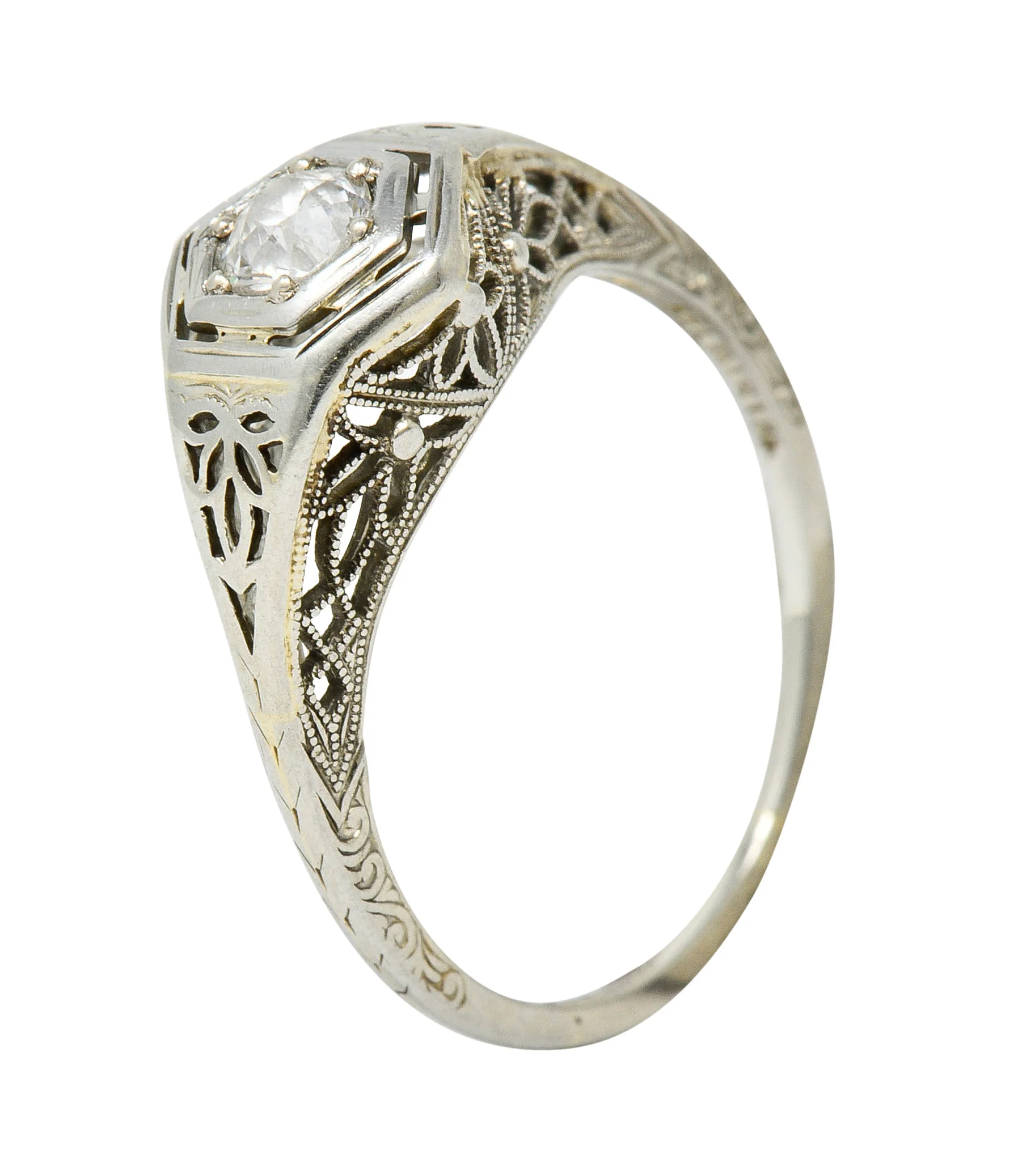 Belais Early Art Deco 0.26 CTW Diamond 18 Karat White Gold Floral Engagement Ring - Image 11