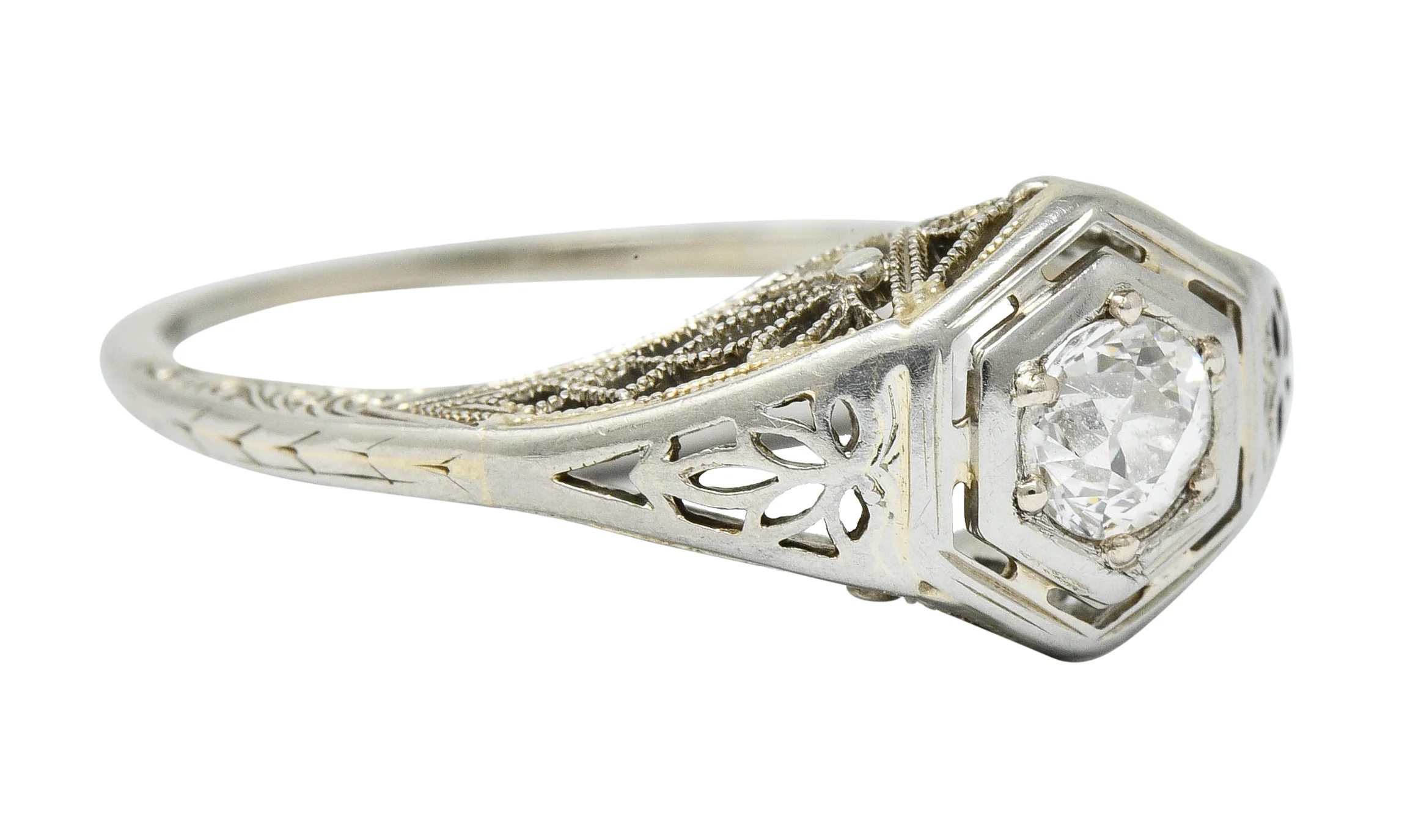 Belais Early Art Deco 0.26 CTW Diamond 18 Karat White Gold Floral Engagement Ring - Image 2