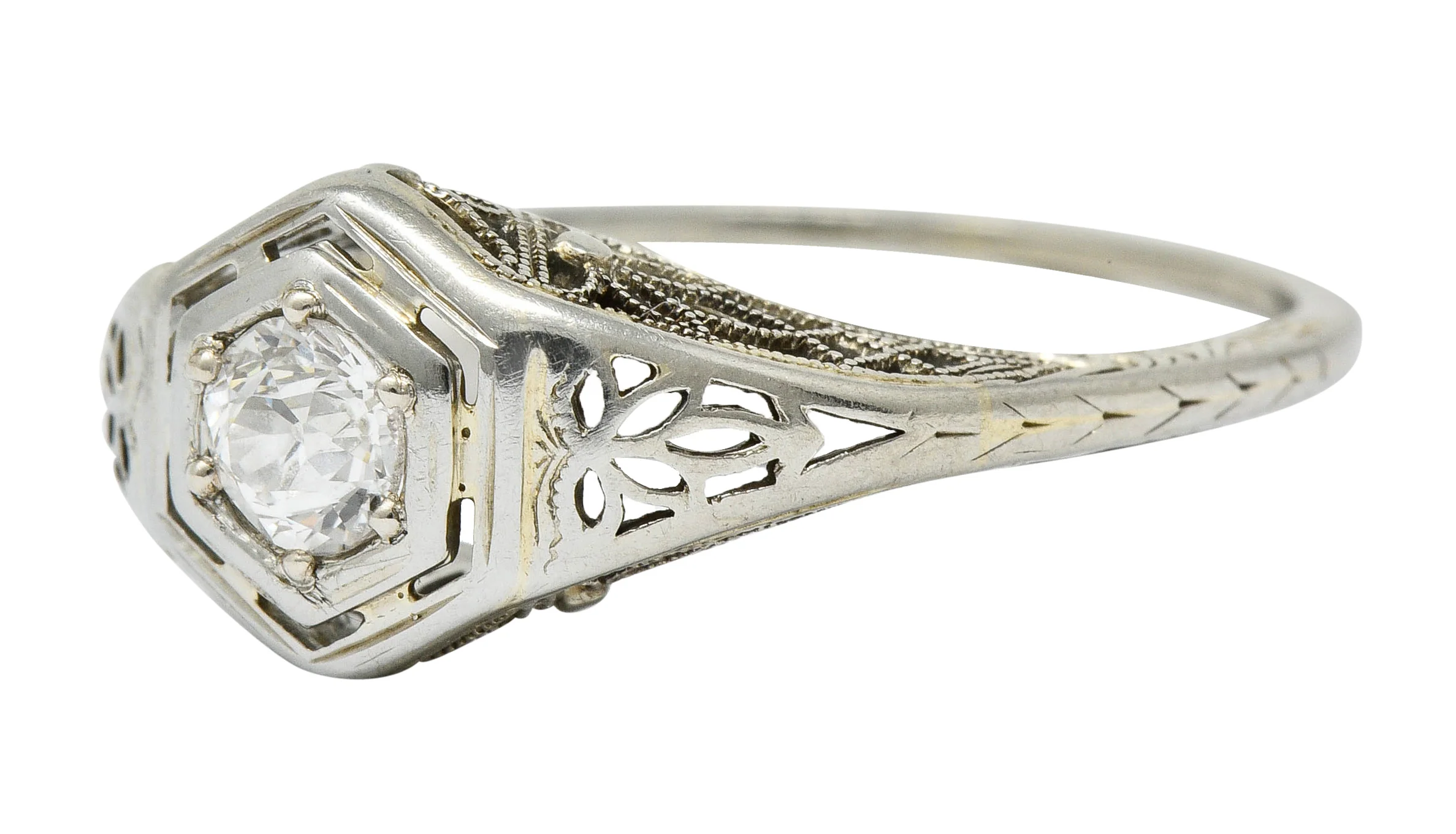 Belais Early Art Deco 0.26 CTW Diamond 18 Karat White Gold Floral Engagement Ring - Image 6
