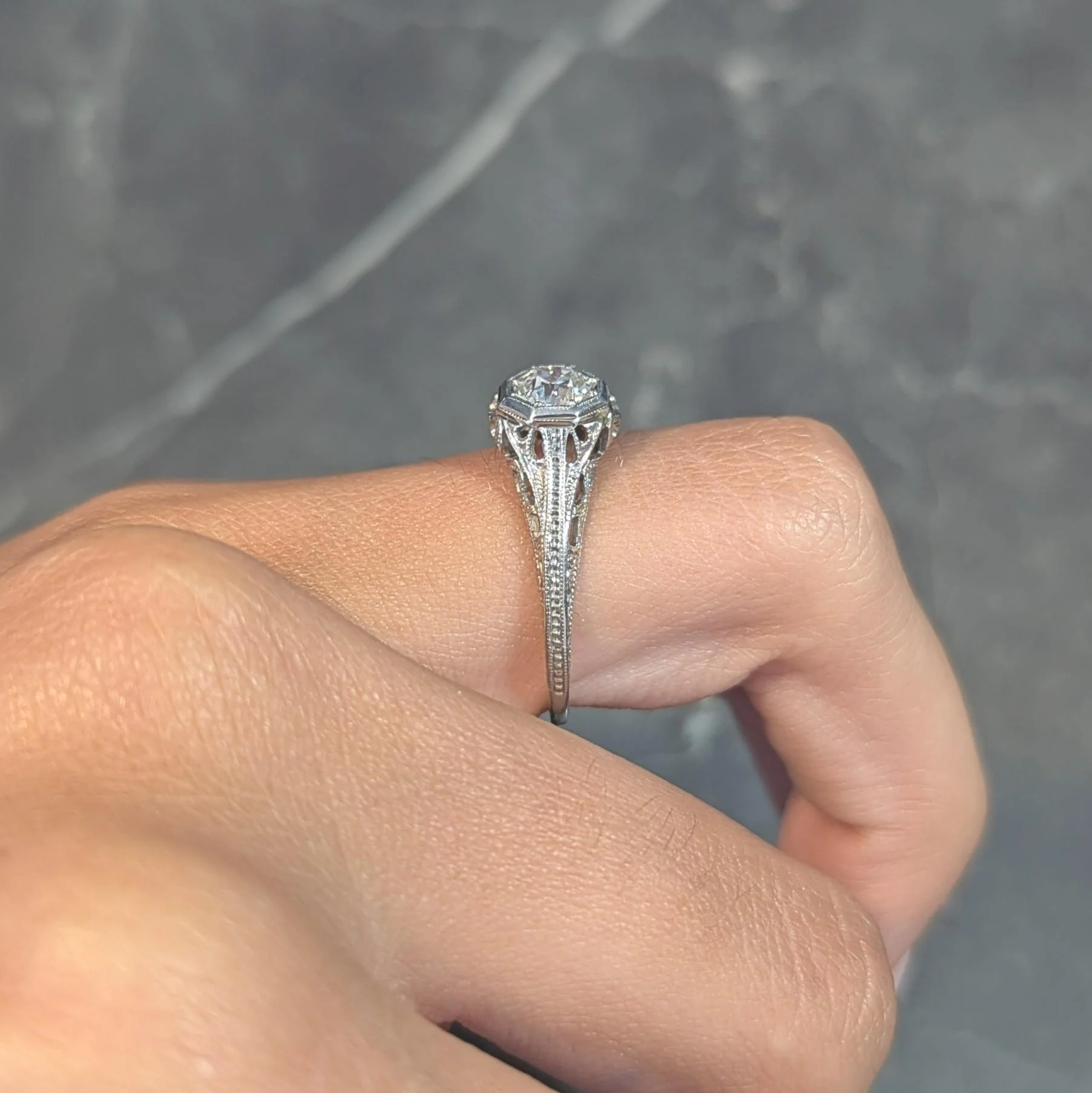 Belle Epoque 0.58 CTW Old European Diamond 18 Karat White Gold Bow Antique Engagement Ring - Image 14
