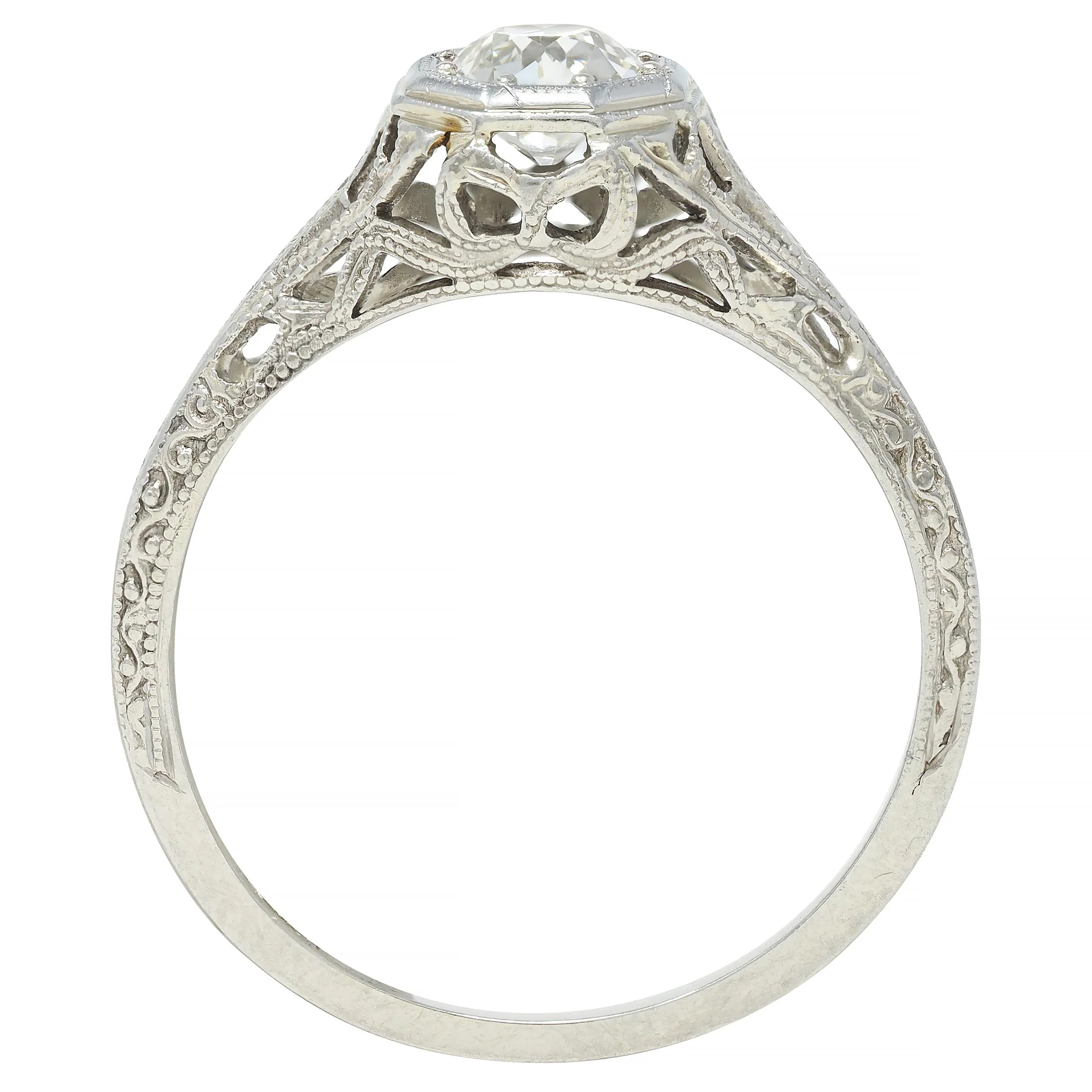 Belle Epoque 0.58 CTW Old European Diamond 18 Karat White Gold Bow Antique Engagement Ring - Image 9