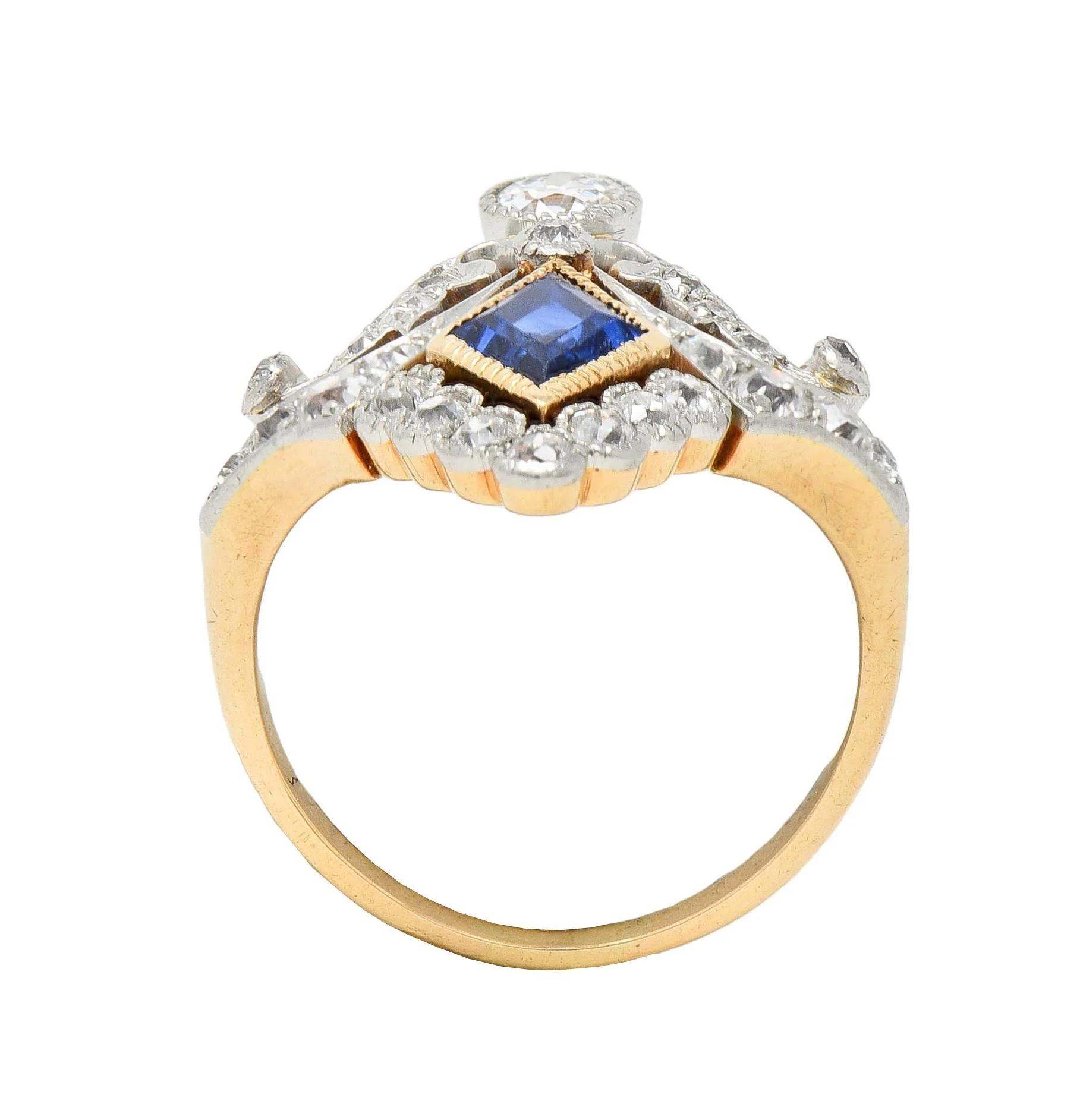 Belle Epoqué 1.32 CTW Sapphire Diamond Platinum 14 Karat Gold Antique Navette Ring - Image 10