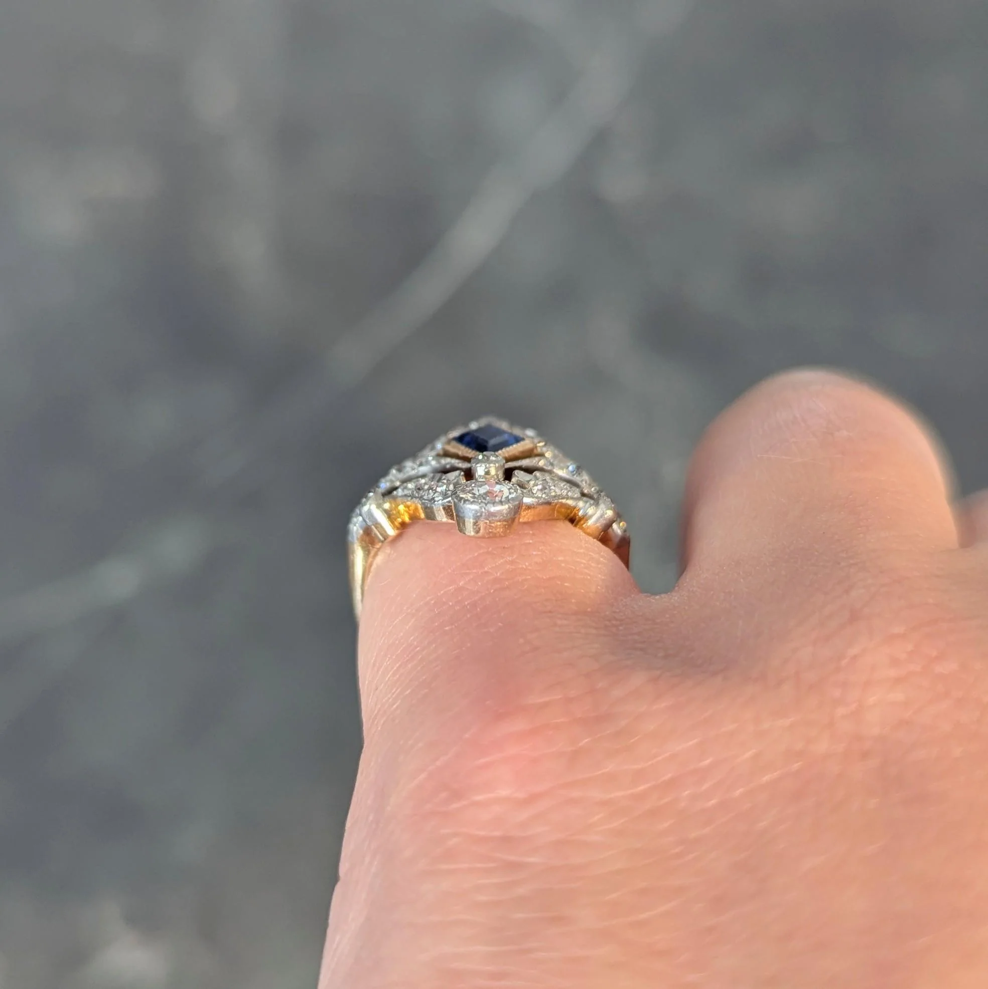 Belle Epoqué 1.32 CTW Sapphire Diamond Platinum 14 Karat Gold Antique Navette Ring - Image 13