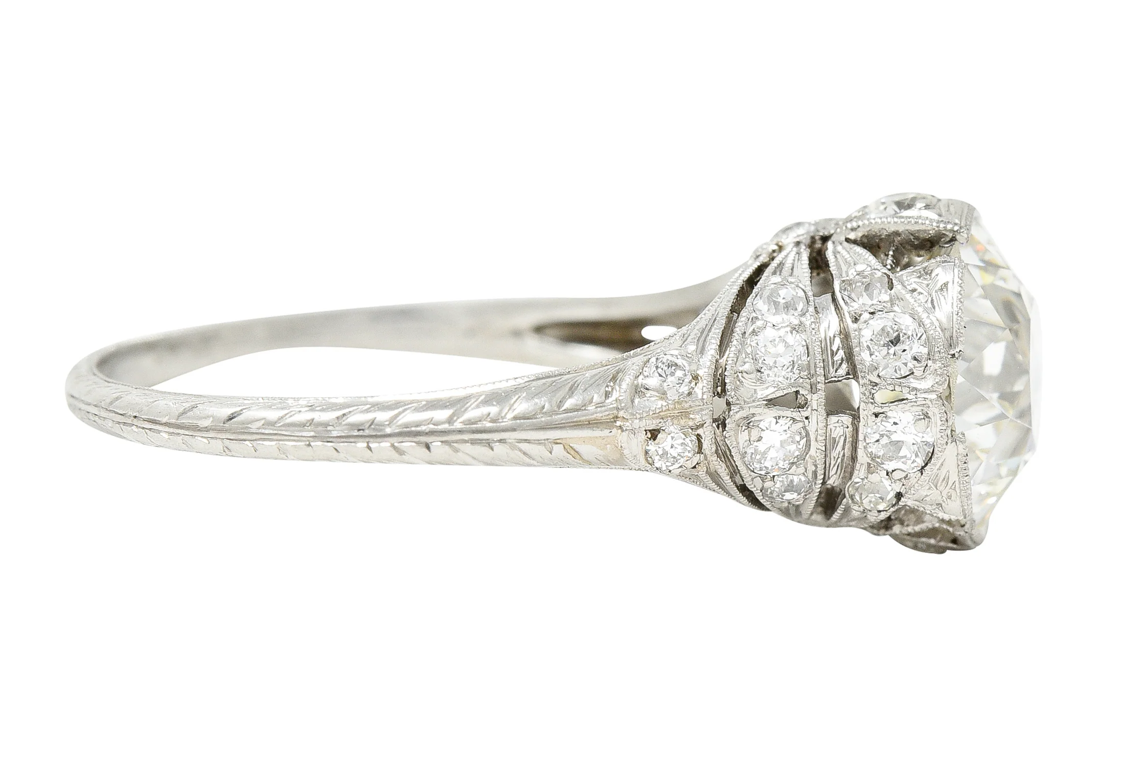 Belle Epoque 2.98 CTW Old European Cut Diamond Platinum Ribbon Edwardian Antique Engagement Ring GIA - Image 4