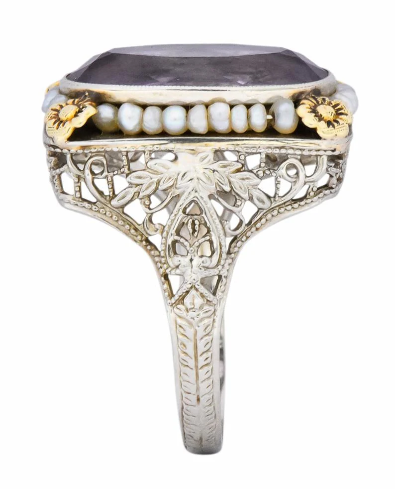 Belle Époque Amethyst Pearl 14 Karat Two-Tone Gold Cocktail Ring - Image 7