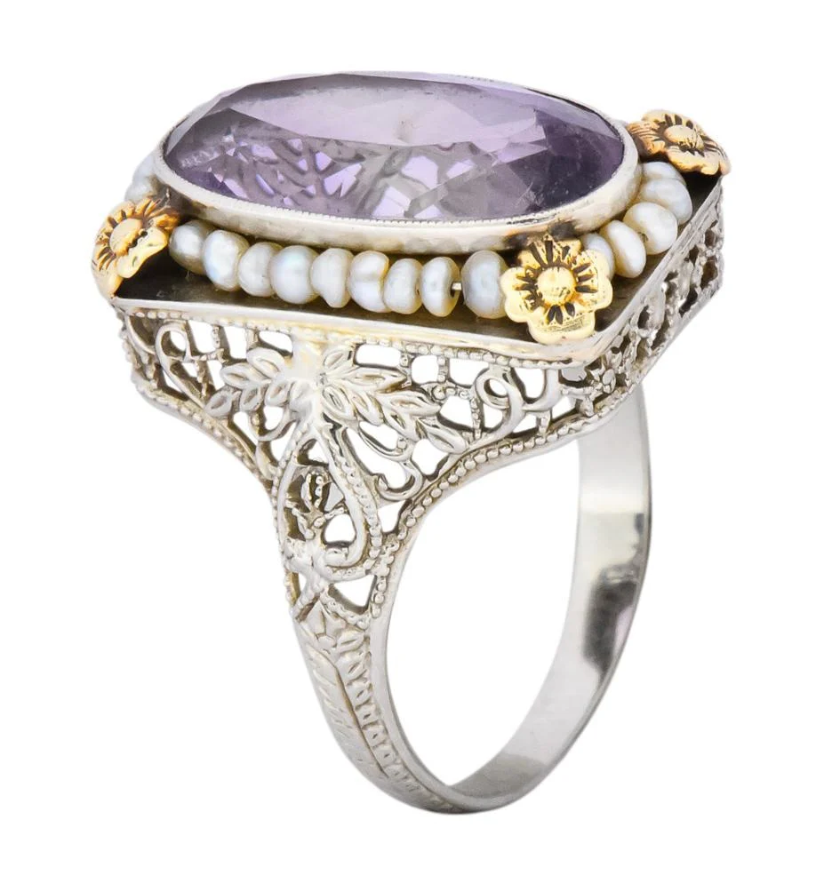 Belle Époque Amethyst Pearl 14 Karat Two-Tone Gold Cocktail Ring - Image 9