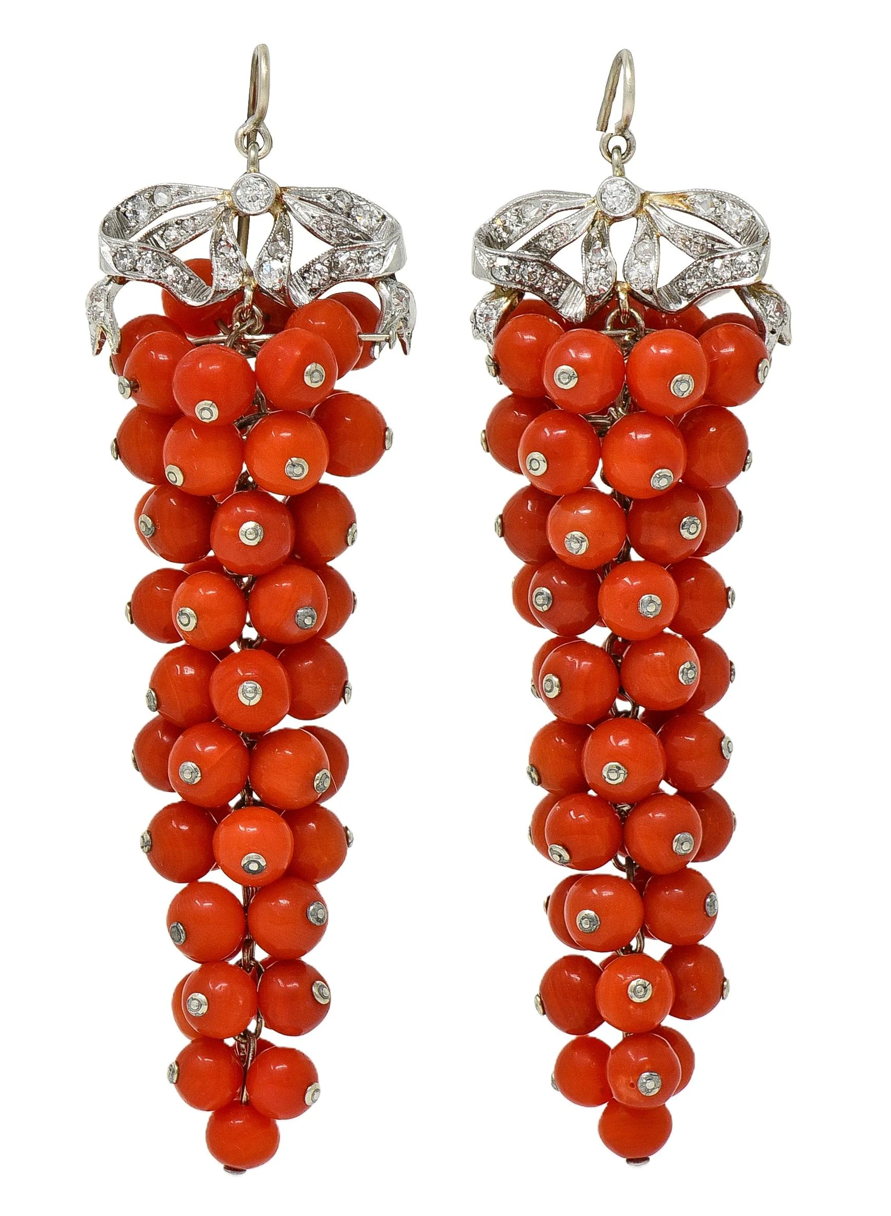 Belle Époque Diamond Coral Bead Platinum Antique Grape Cluster Drop Earrings - Image 3