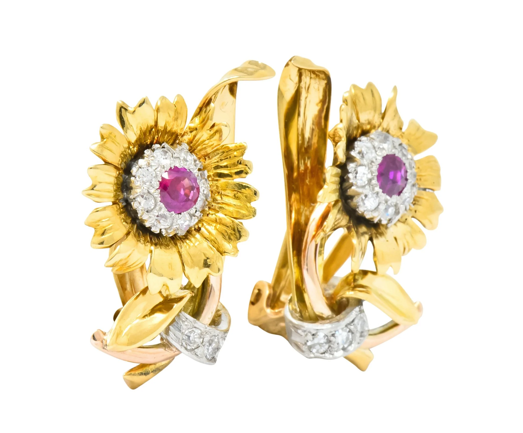 Bernard Weber Retro 1.13 CTW Ruby Diamond Platinum-Topped Flower Ear-Clip Earrings - Image 2