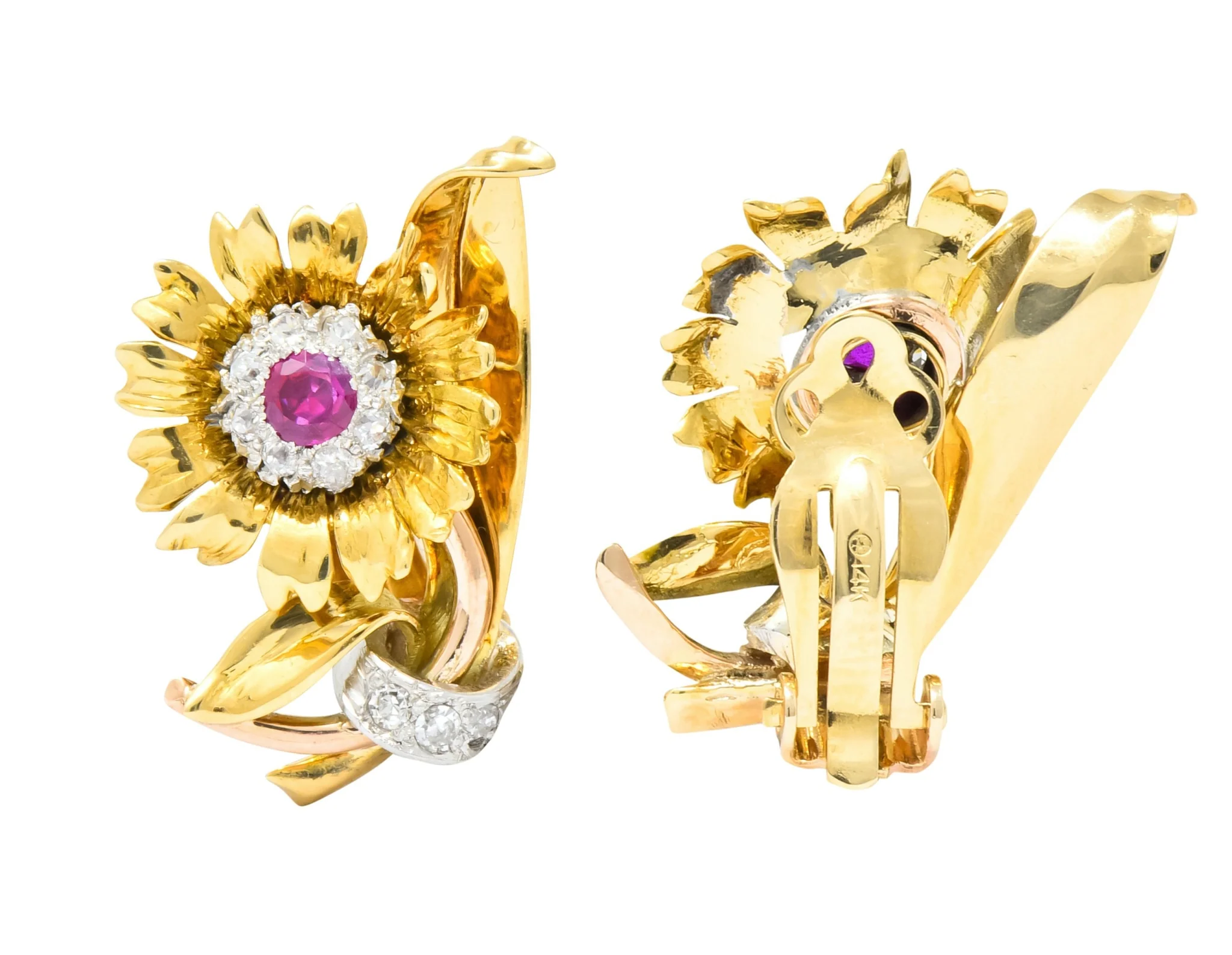 Bernard Weber Retro 1.13 CTW Ruby Diamond Platinum-Topped Flower Ear-Clip Earrings - Image 6