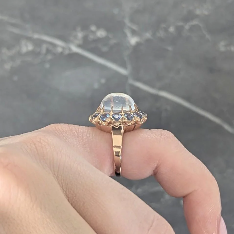 Binder Bros 1940's Sapphire Moonstone 14 Karat Yellow Gold Vintage Halo Ring - Image 10