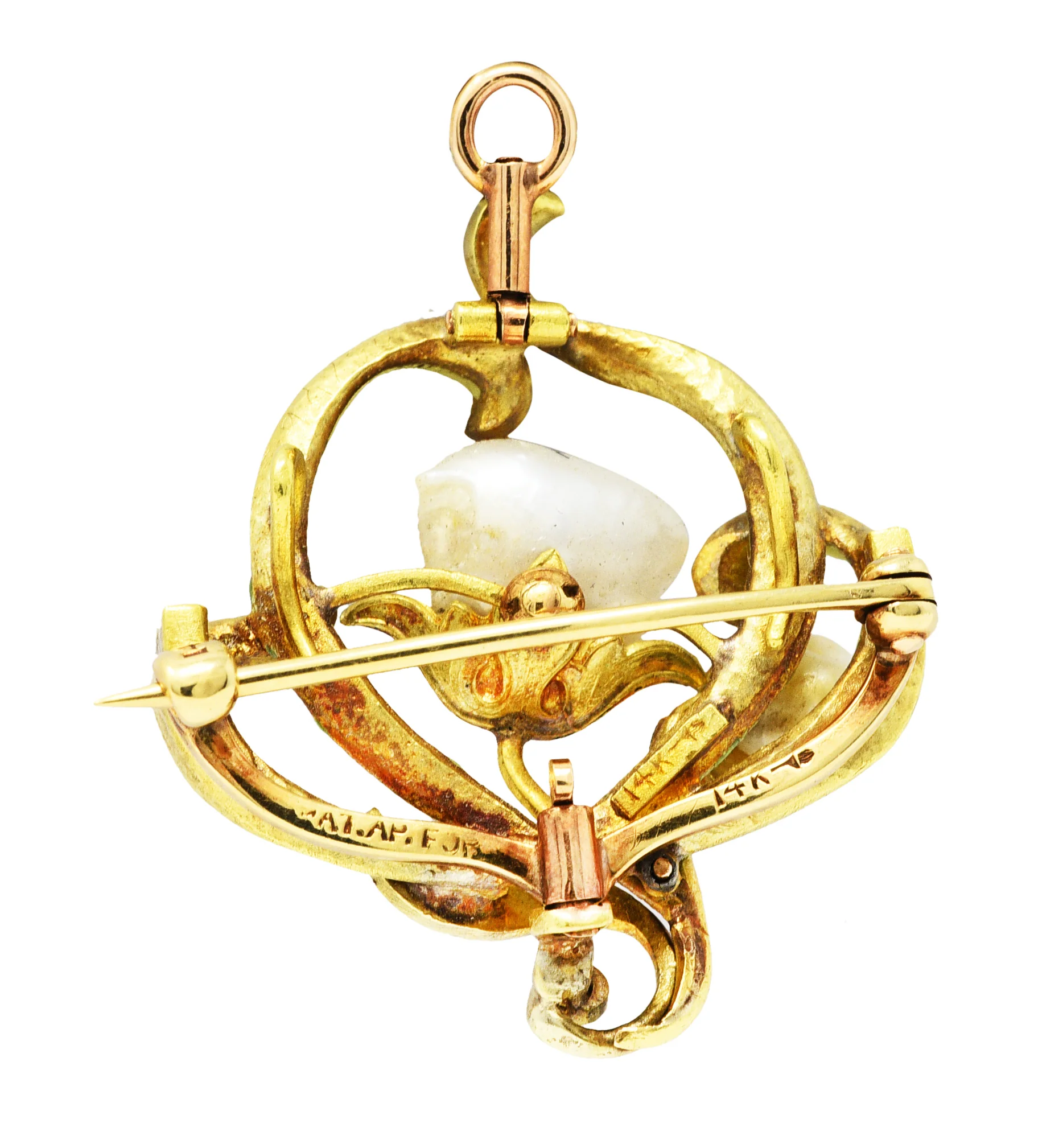Bippart & Co. Art Nouveau Pearl Enamel 14 Karat Gold Floral Pendant Brooch - Image 4