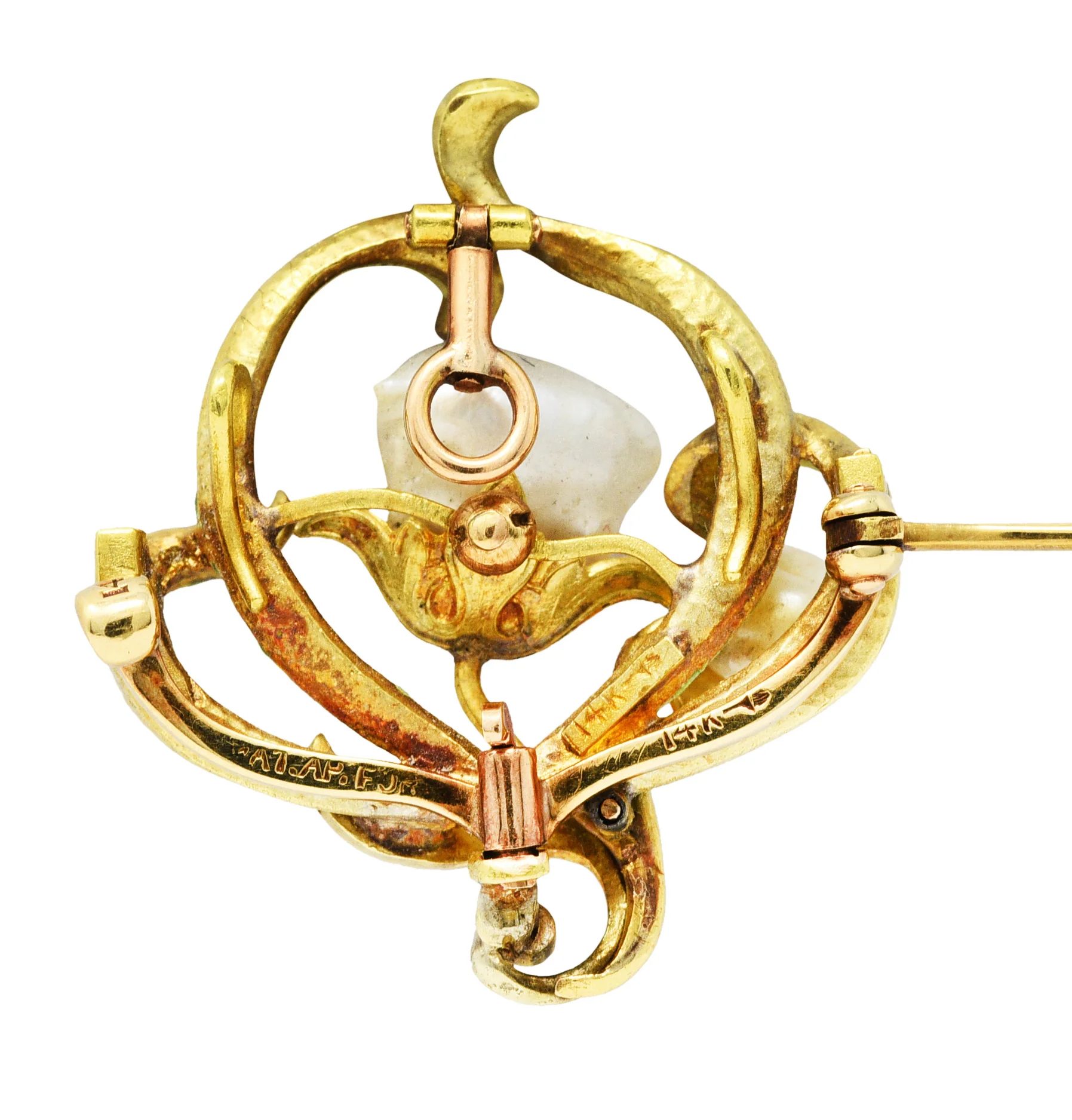 Bippart & Co. Art Nouveau Pearl Enamel 14 Karat Gold Floral Pendant Brooch - Image 5