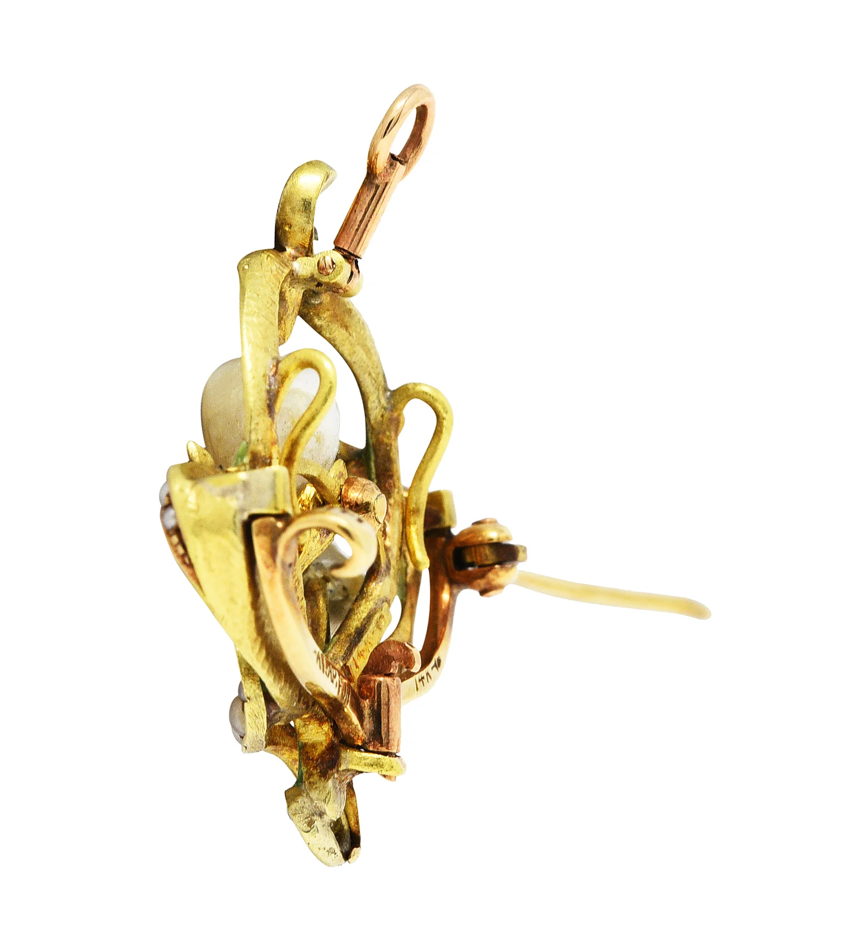 Bippart & Co. Art Nouveau Pearl Enamel 14 Karat Gold Floral Pendant Brooch - Image 6