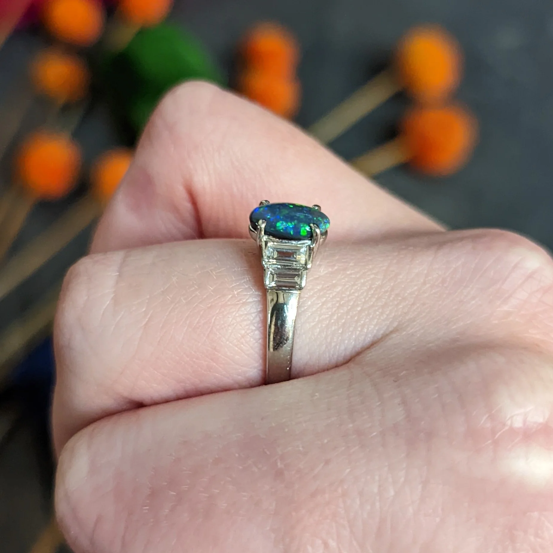 Black Opal Cabochon 0.47 CTW Diamond Platinum Gemstone Ring - Image 15