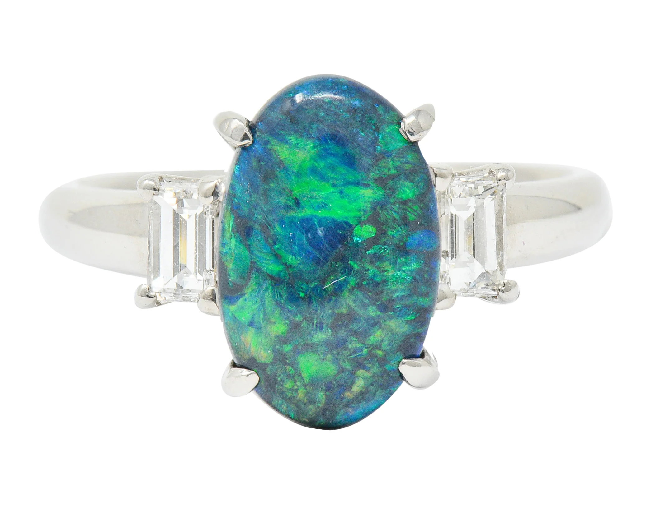 Black Opal Diamond Platinum Three Stone Ring