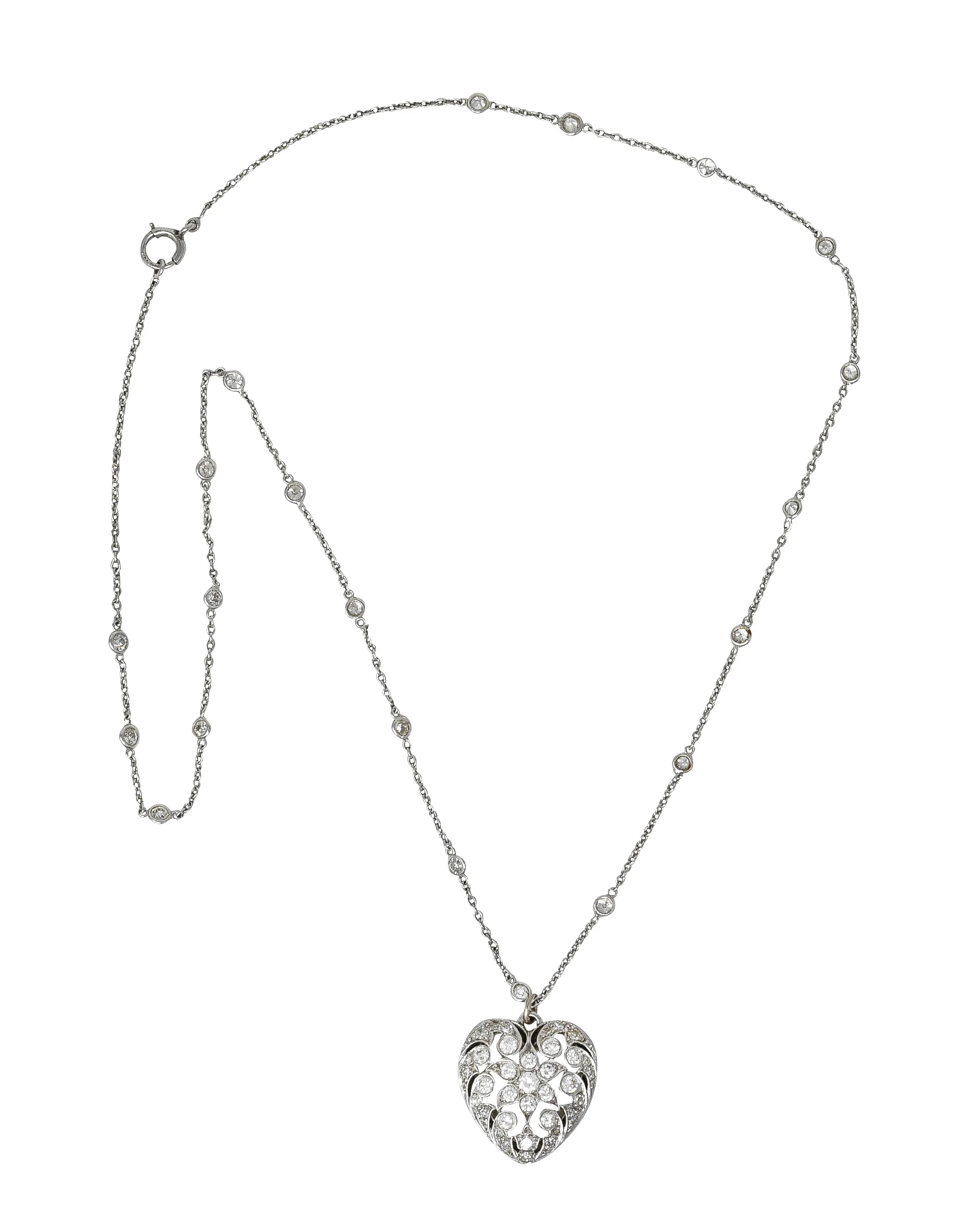 Black Starr & Frost Art Deco 1.60 CTW Diamond Carved Rock Crystal Platinum Floral Heart Antique Pendant Necklace - Image 2
