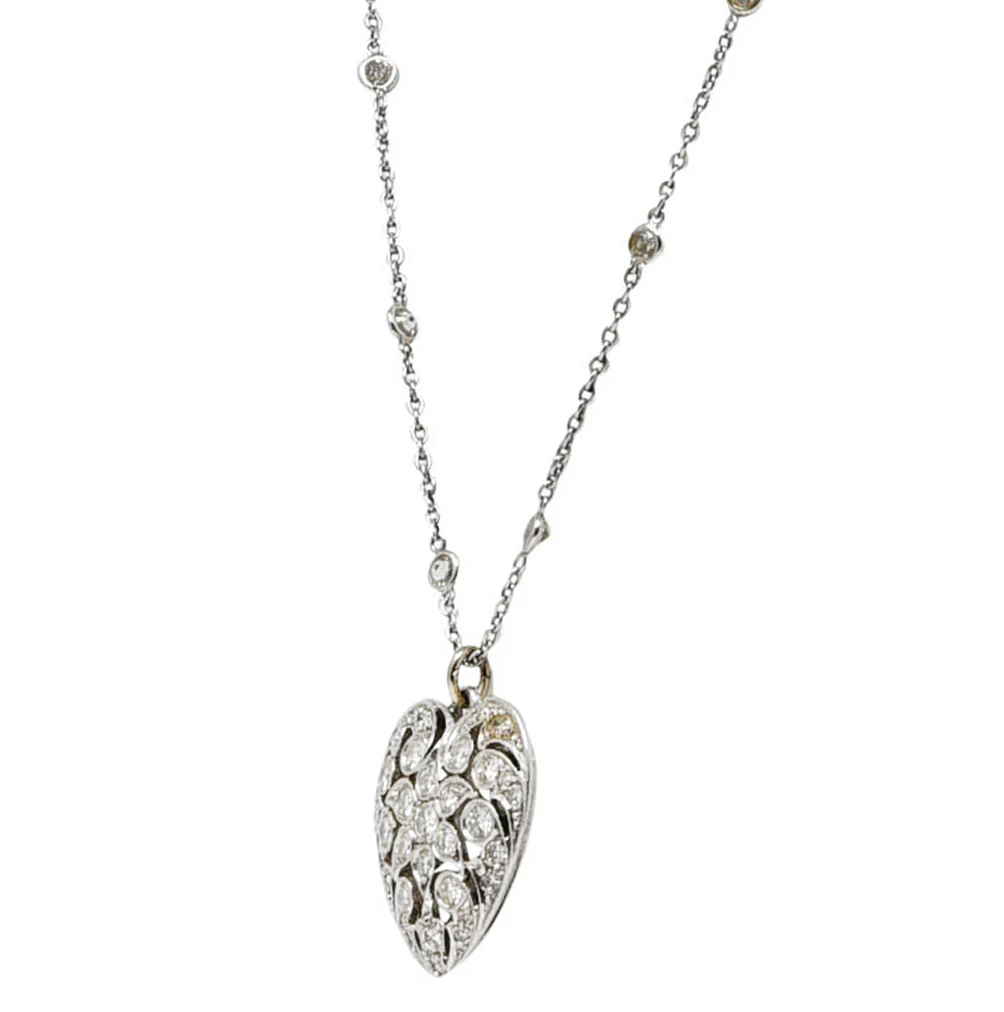 Black Starr & Frost Art Deco 1.60 CTW Diamond Carved Rock Crystal Platinum Floral Heart Antique Pendant Necklace - Image 3
