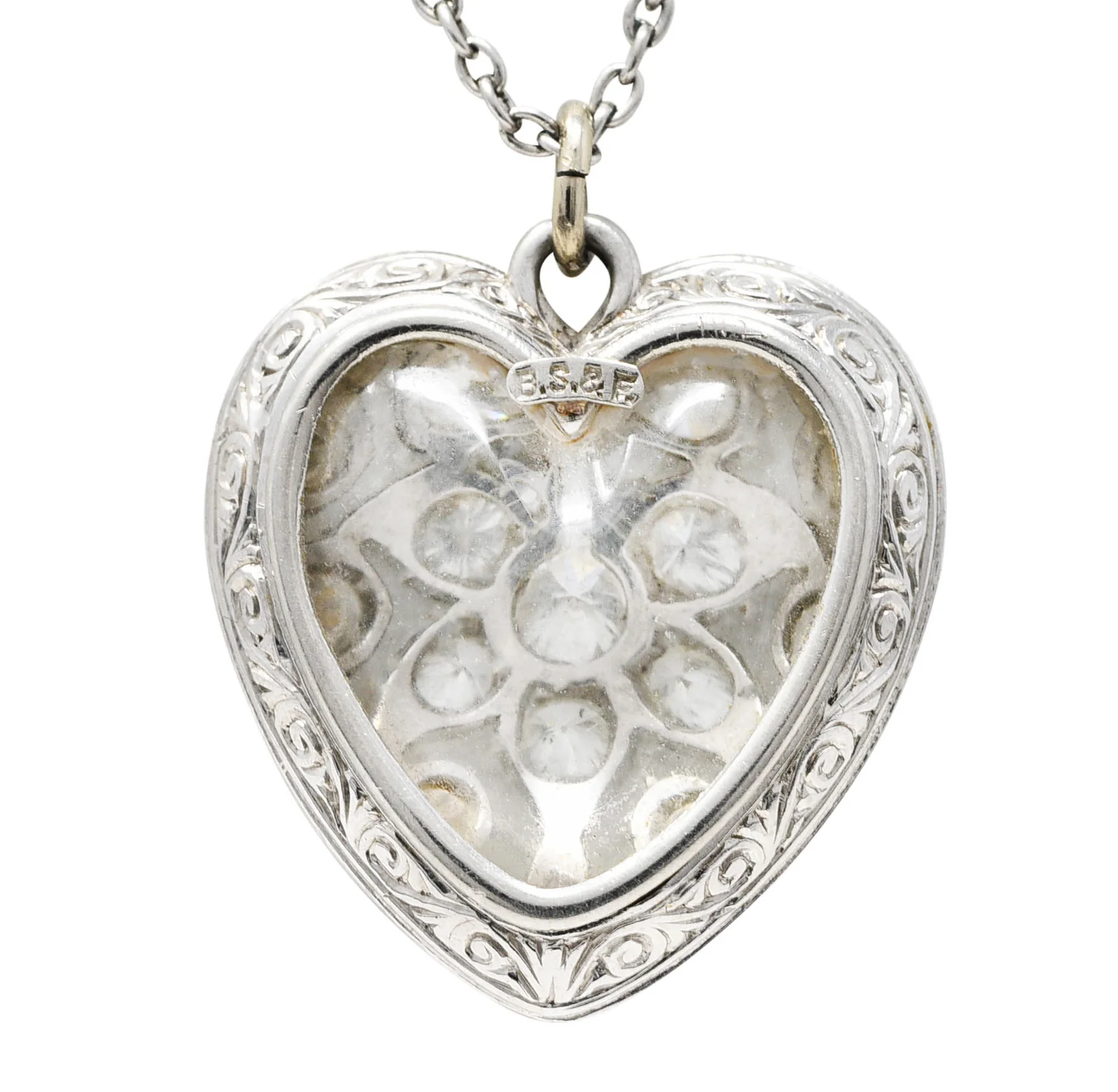 Black Starr & Frost Art Deco 1.60 CTW Diamond Carved Rock Crystal Platinum Floral Heart Antique Pendant Necklace - Image 4