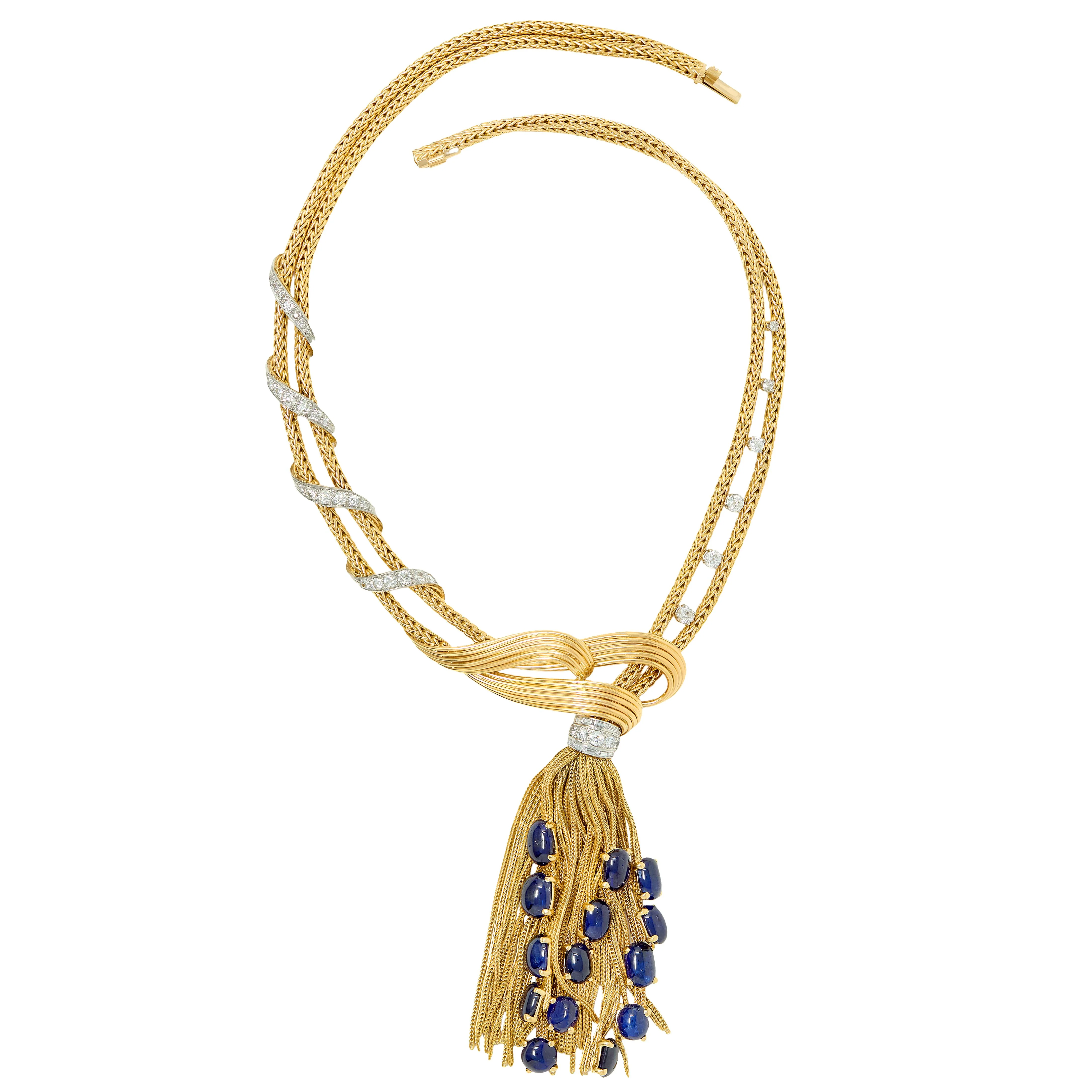 Boucheron Paris 1950's Sapphire Diamond 18 Karat Yellow Gold Platinum Vintage Tassel Necklace - Image 3