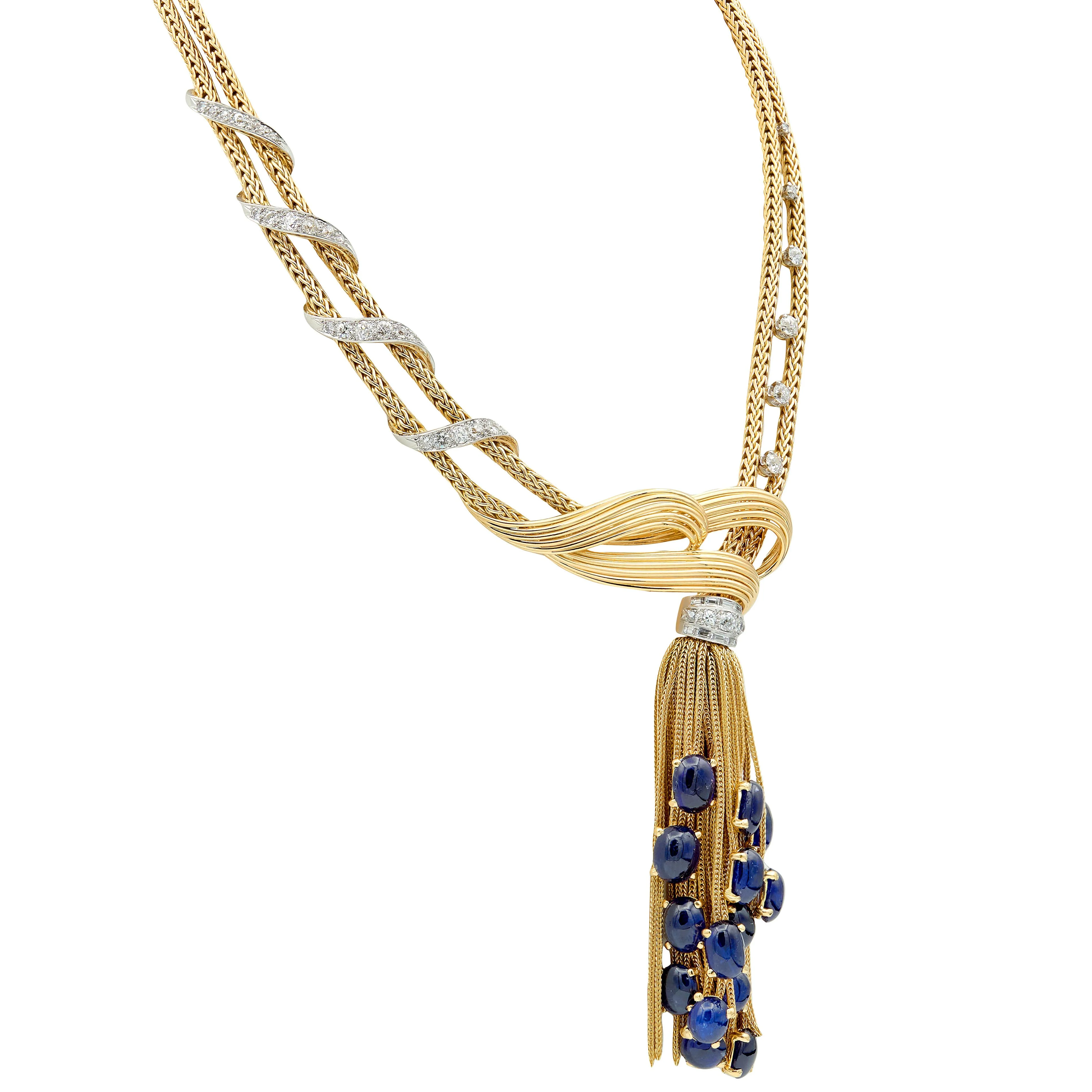 Boucheron Paris 1950's Sapphire Diamond 18 Karat Yellow Gold Platinum Vintage Tassel Necklace - Image 4